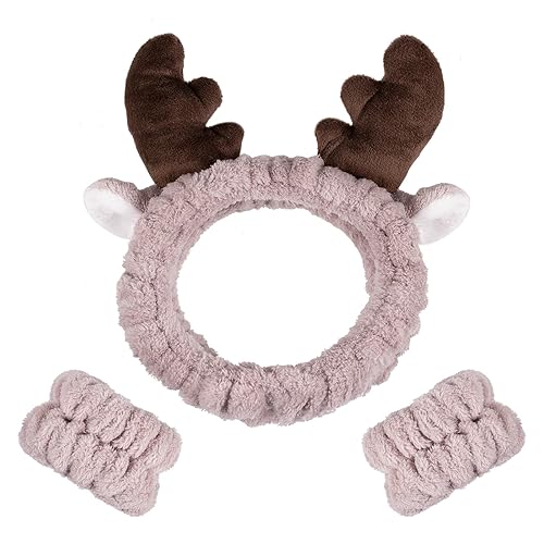 Miroksh Diadema de cuernos de Navidad con orejas de ciervo de felpa para lavarse la cara, spa, muñequera, puños para el cabello, para mujeres y