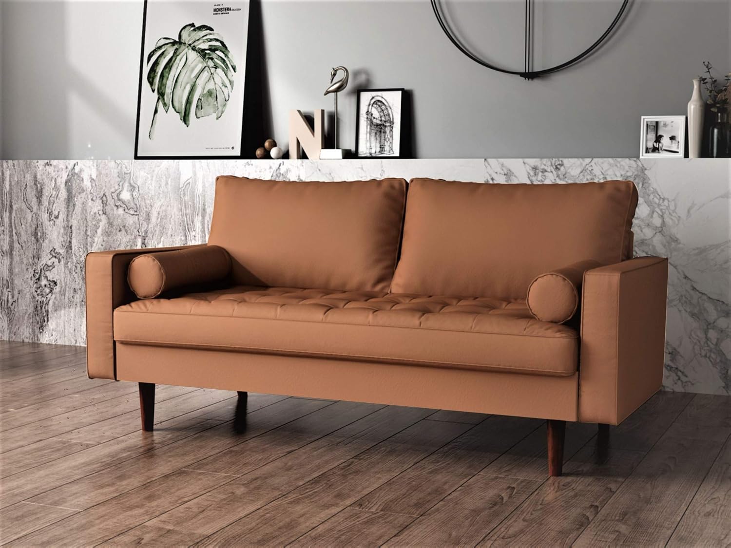 Container Furniture Direct Womble Mid Century Modern Couch with Bolster Pillows, PU Leather Upholstered Tufted Seat, Versatile Retro Design for Comfortable Living Spaces, Sofa, Coffee Brown