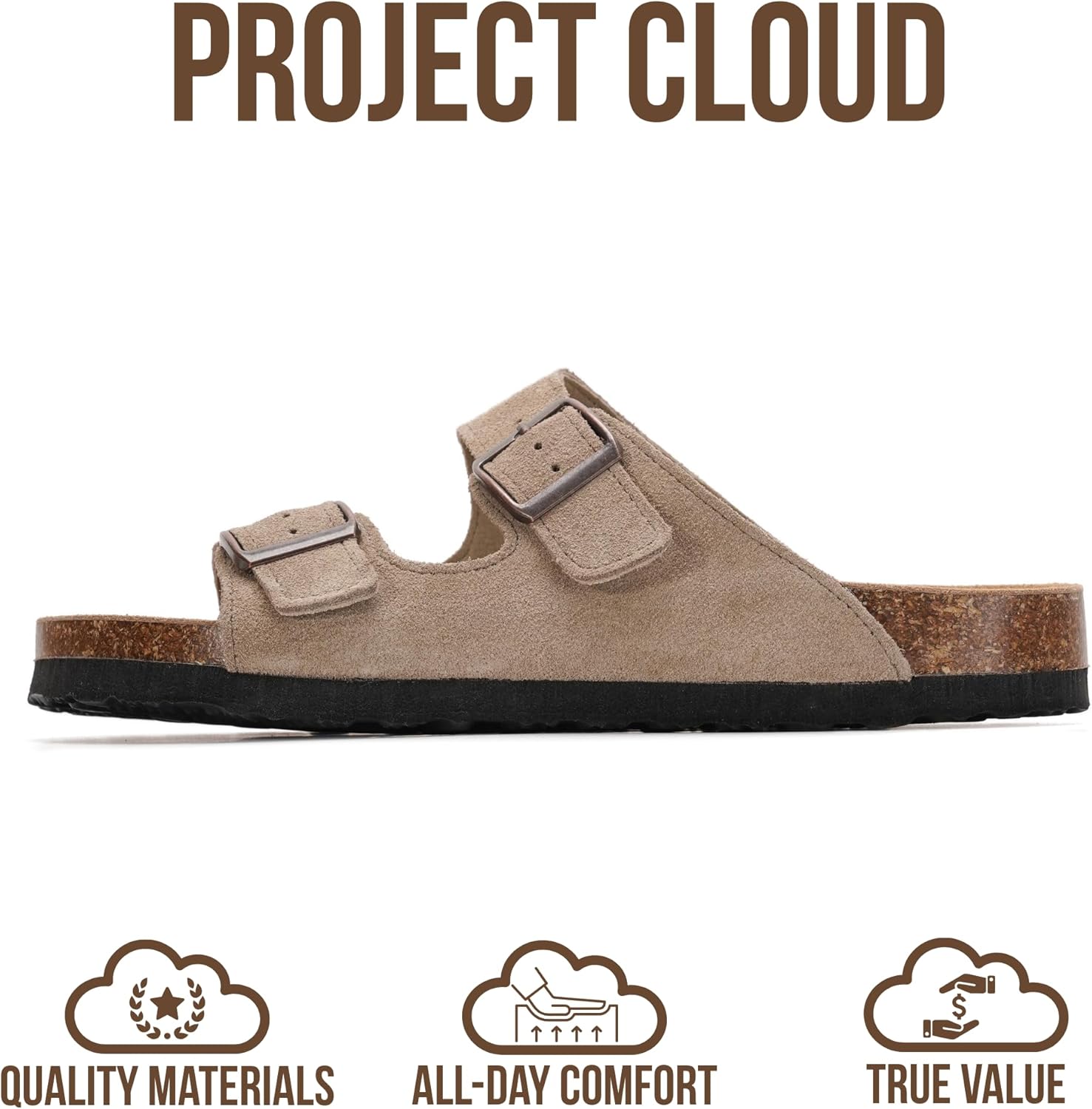 Project Cloud 100% Genuine Leather Flat Sandals For Women 2026 Cork Footbed Womens Sandals with Memory Foam and arch support Vacation Essentials Slides for Women Footwear (Venita)