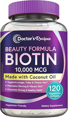 Doctor's Recipes Biotina 10,000 mcg, crecimiento del cabello, piel y uñas saludables, metabolismo energético, biotina apta para vegetarianos, con