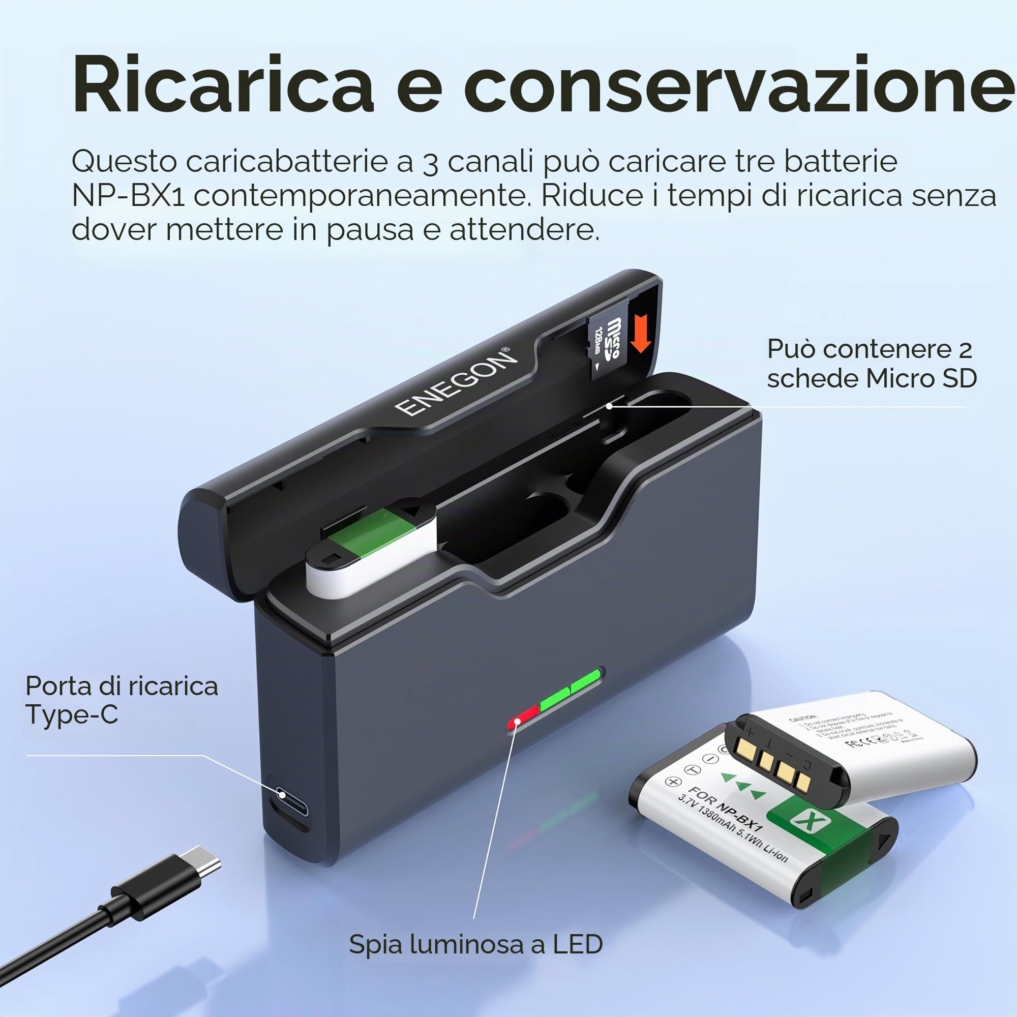 ENEGON 1380mAh 3-Pack di Batterie NP-BX1 e Caricabatterie a 3 Canali Compatibile con Sony NP-BX1 e Sony ZV-1, Cyber-Shot DSC-RX100, DSC-RX100 II/III/M4/M5/M6/M7/Ⅳ/Ⅴ/Ⅵ/Ⅶ/VA, DSC-RX100M II, HDR-CX405