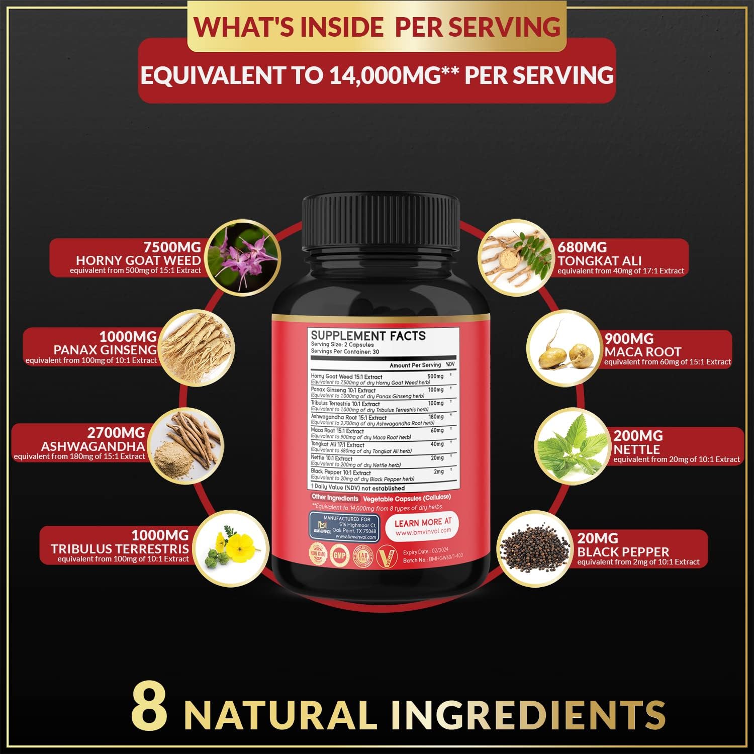 BMVINVOL Horny Goat Weed Capsules, 14000mg Herbal Equivalent with Maca, Tribulus, Ginseng - Performance and Energy Support : Health & Household