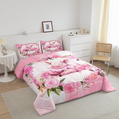 Miniatura 2 de Erosebridal Juego de edredón Kawaii de cerdo con flores de primavera, juego de ropa de cama de animales de dibujos animados, edredones y juegos de