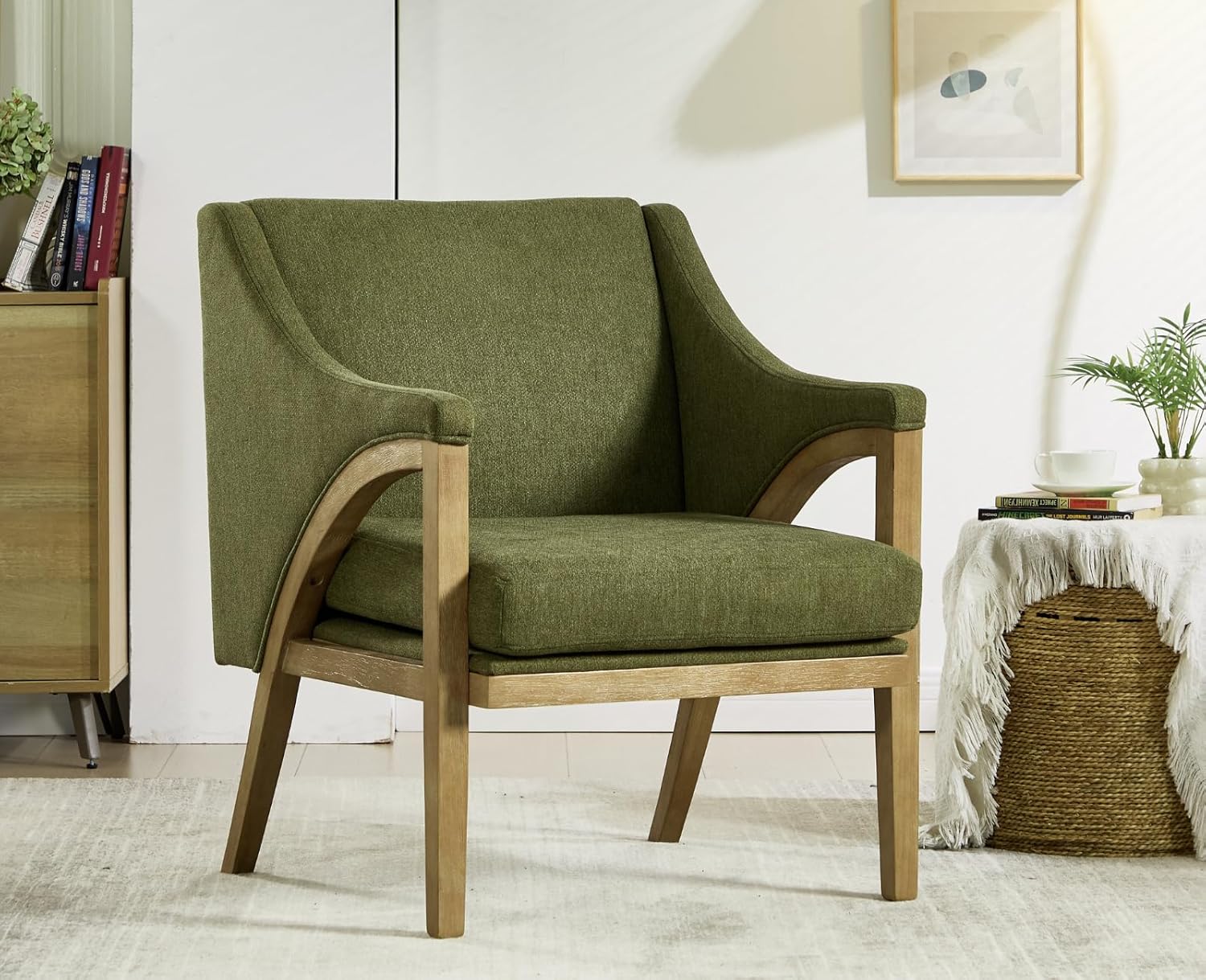 EALSON Modern Accent Chair Comfy Living Room Chair with Wooden Frame and Armrest Mid Century Upholstered Fabric Reading Lounge Armchair for Living Room/Bedroom/Reading/Balcony, Chenille Green