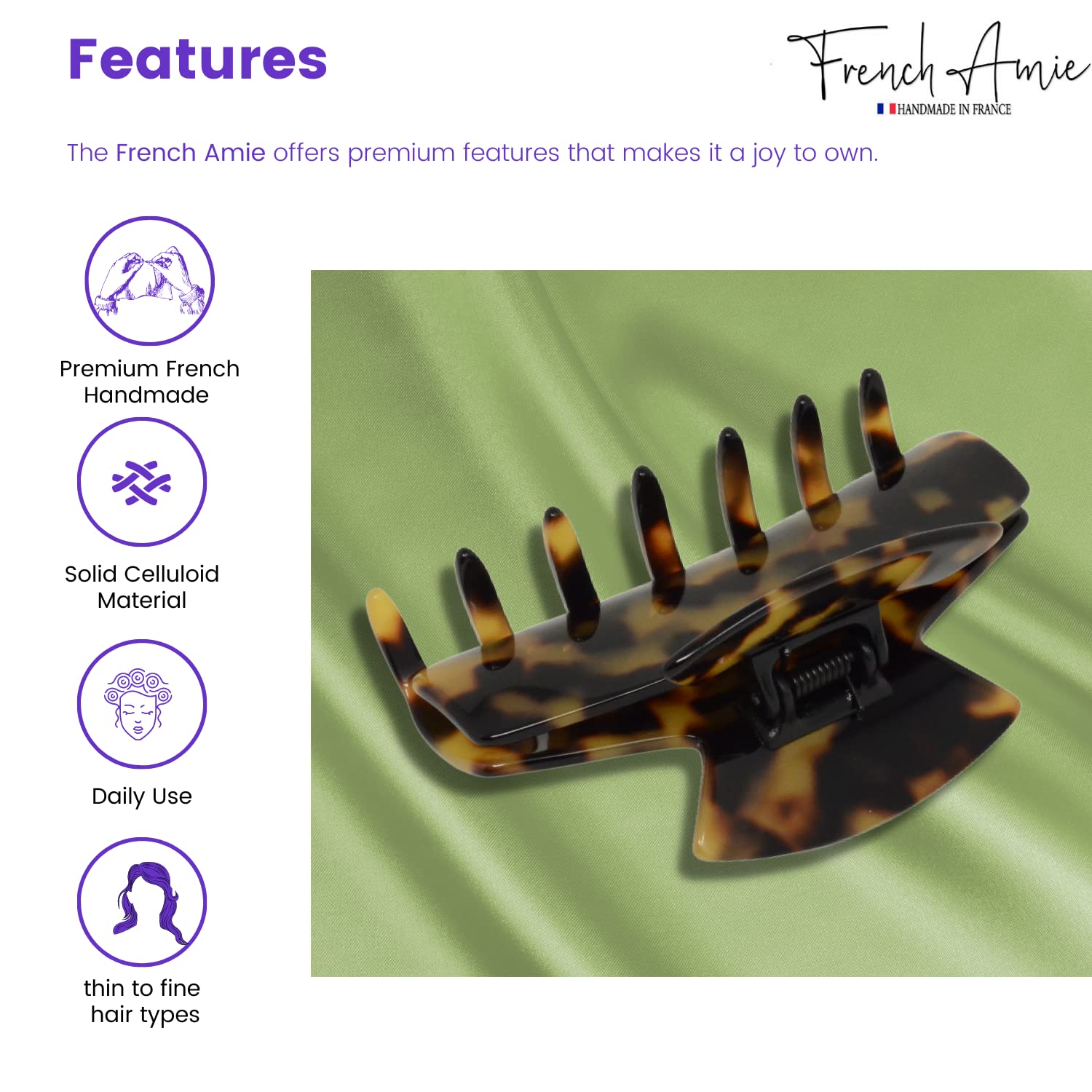 French Amie Chic 3" Tokyo French Hair Clip for Women Volume Hair Girls Hair Claw Clips Jaw Durable Styling Hair Accessories for Women Strong Hold No Slip Grip, Made in France