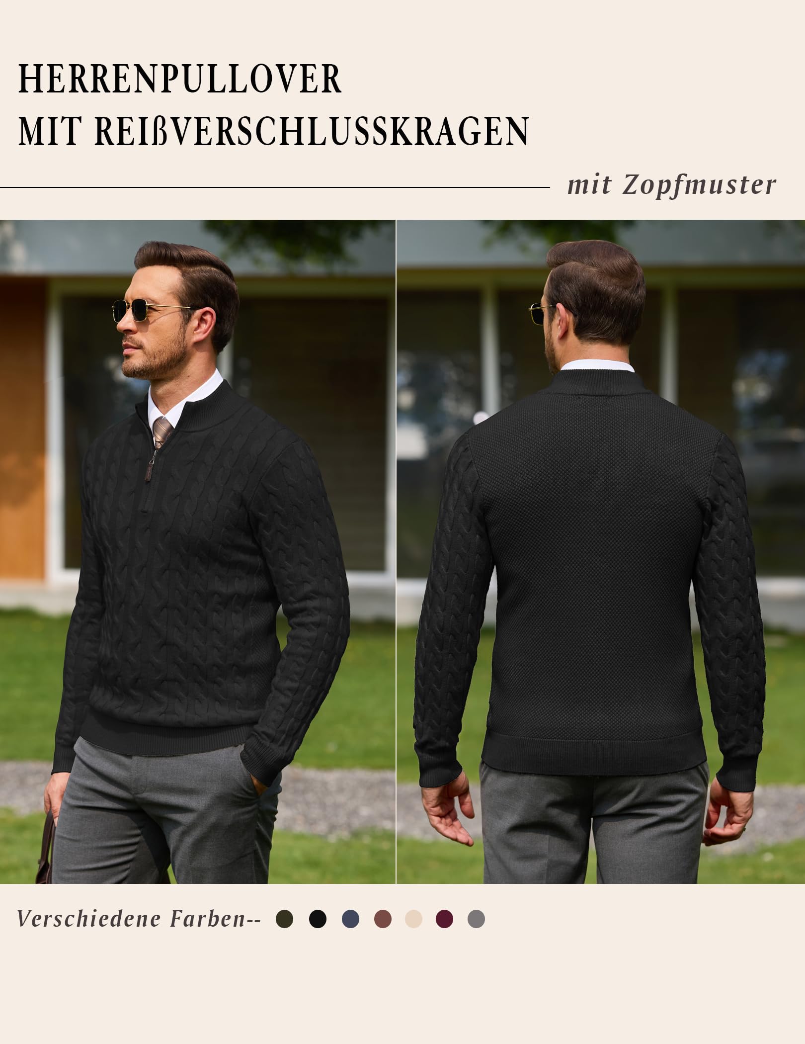 COOFANDY Maglione da uomo con mezza cerniera, motivo a treccia, elegante, business, collo alto, inverno, caldo, casual