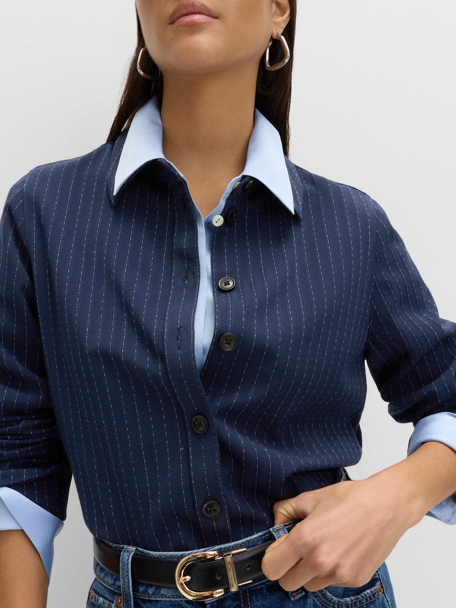 Marks & Spencer Donna Aderente Gessato Colletto Camicia – con Stretch – con Bottoni – Wide Polsini