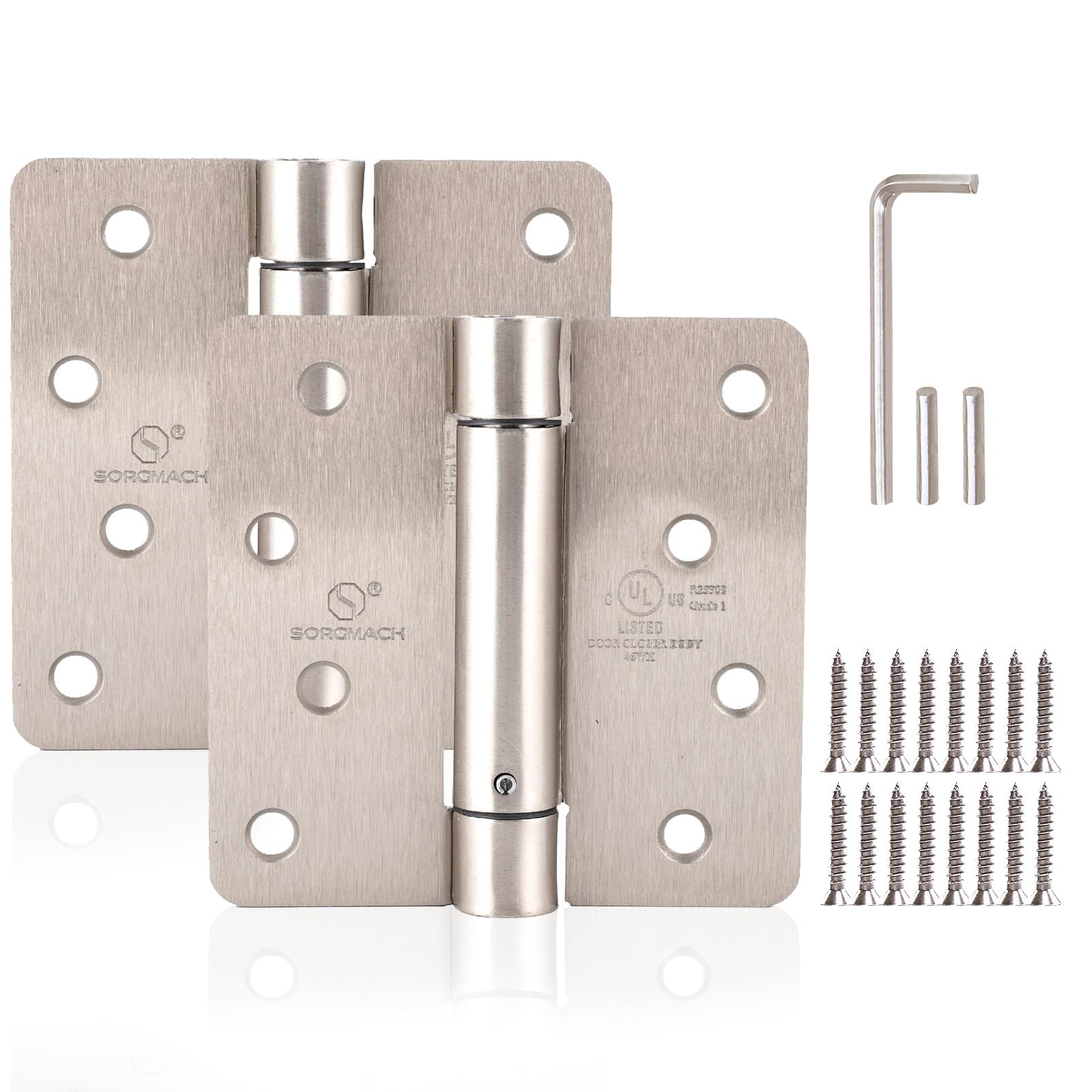 SORGMACH Self Closing Door Hinge 4 inch Satin Nickel Auto Close Hinges Adjustable 4" x 4" Spring Hinges Door Closer Hinge 1/4" Radius Corner Commercial Auto Self-Closing Hinge UL Listed, 2 Pieces