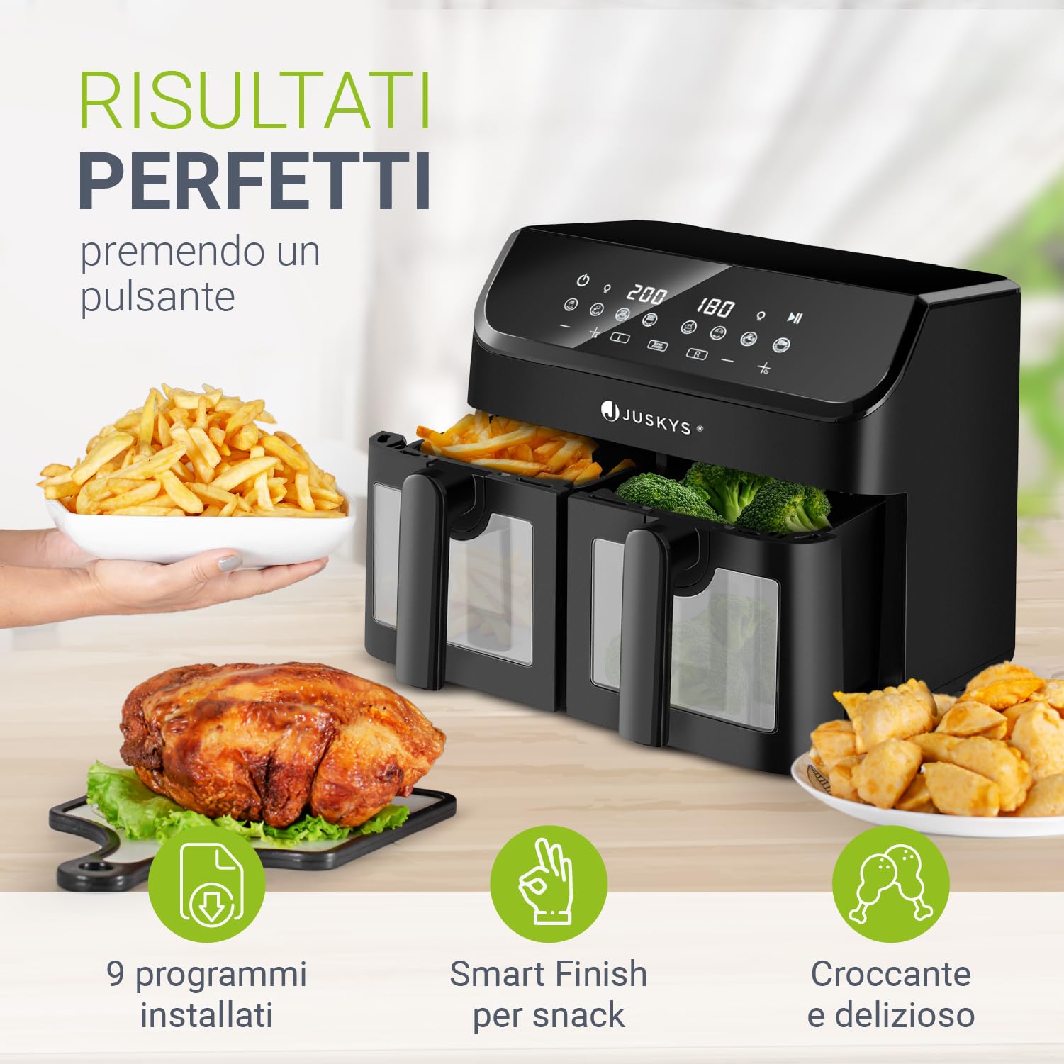 Juskys friggitrice ad aria 9 L a doppia camera - Friggitrice XXL con 2 cestelli, 9 programmi, Smart Finish, rivestita