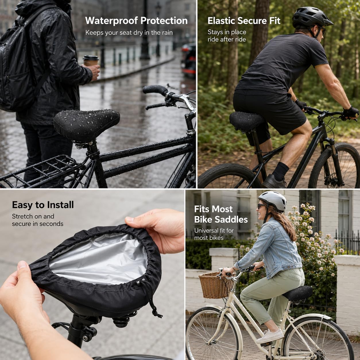 2 Pezzi Coprisella Impermeabile Bici 210D Oxford, Coprisedile Antipioggia Universale 24x27x10 cm con Coulisse, Protezione Sella MTB Strada Antipolvere Nero