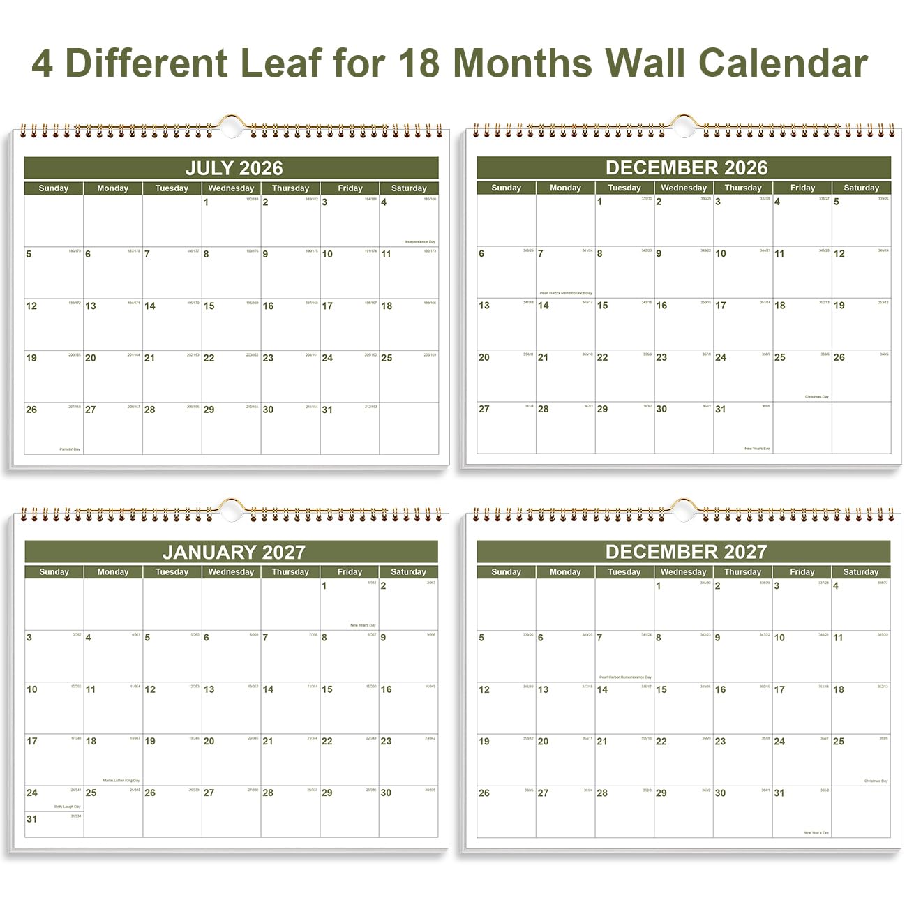 Kalender 2025-2026 - Wandkalender 2025-2026 von November 2025 bis Juni 2027, Spiralbindung Hängender Wandkalender 2026 für Zuhause/Büro, 21,6 x 27,9 cm, Grün