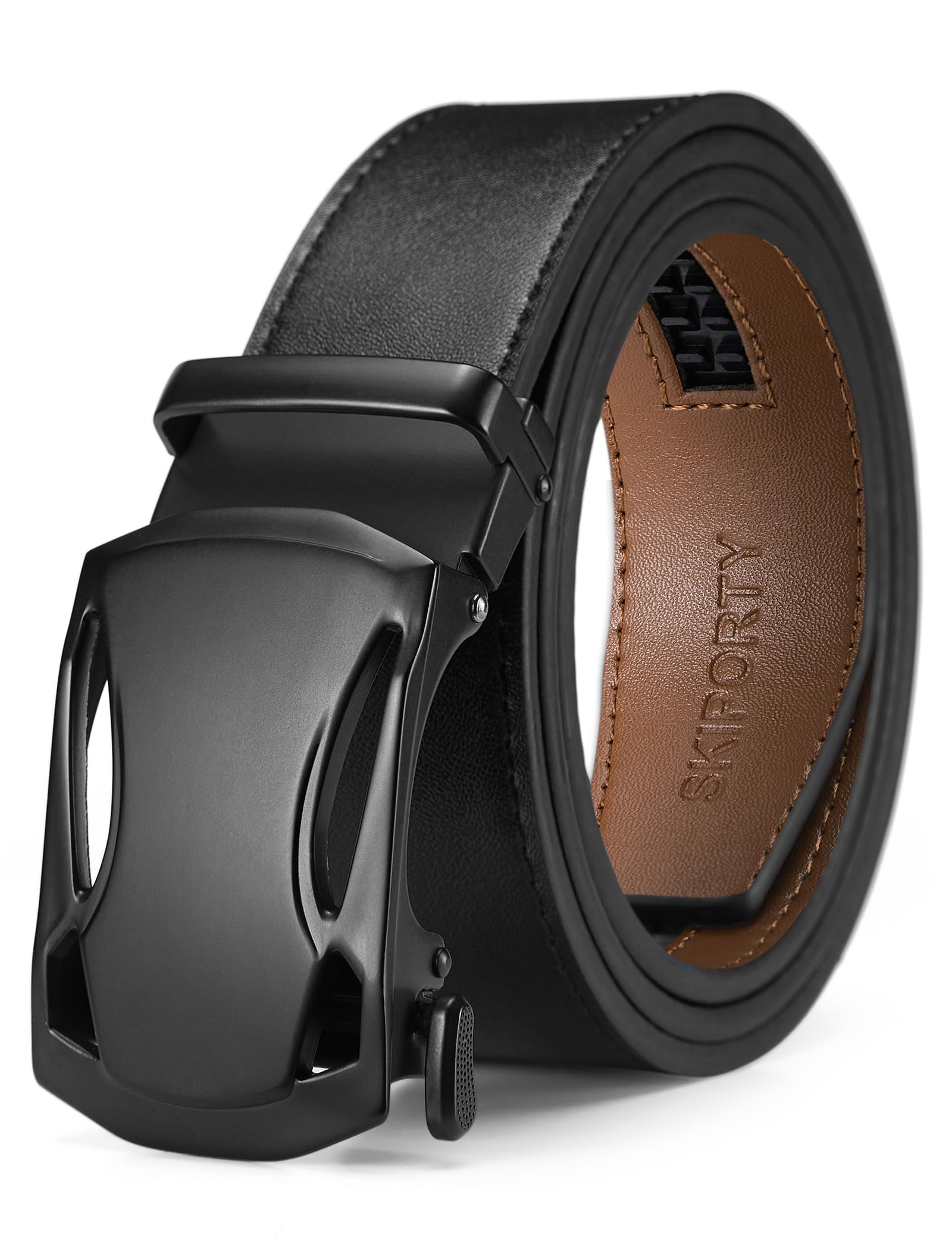 SKiporty Mens Belt,Ratchet Belts for Men Leather 1 3/8'' Adjustable for Dress Jeans,Comfort Trim to Fit