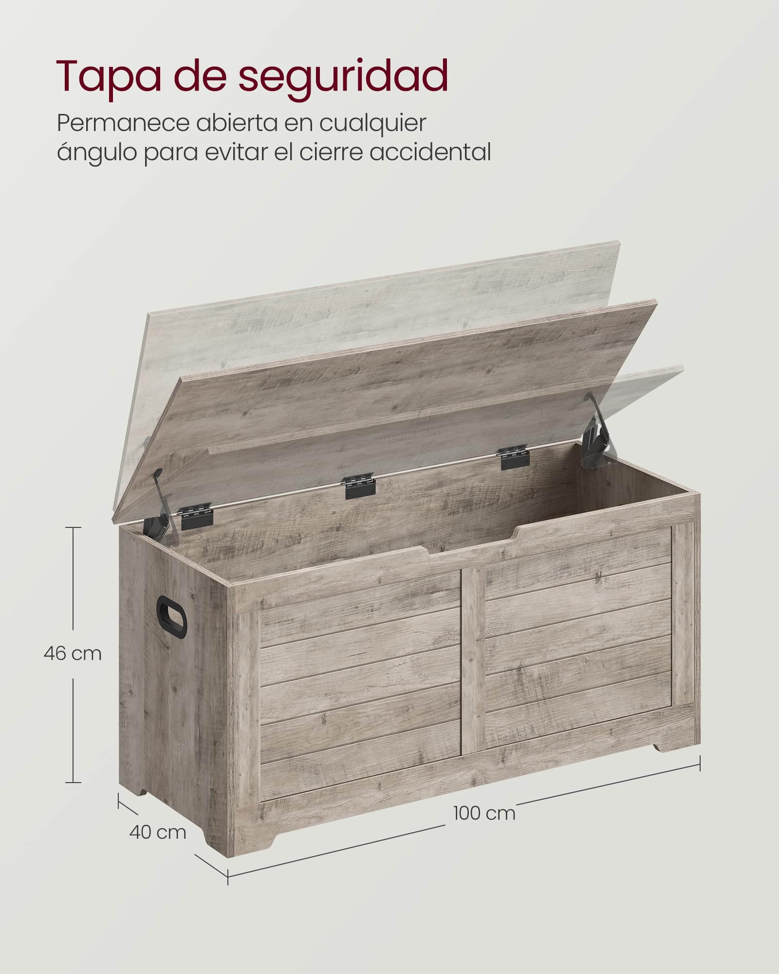 VASAGLE Puff Almacenaje con 2 Bisagras de Seguridad, 40 x 100 x 46 cm | Baúl, Banco Zapatero, Estilo de Campo, para Pasillo Dormitorio Salón, Greige Mélange, Colección SOFIE LSB061K02