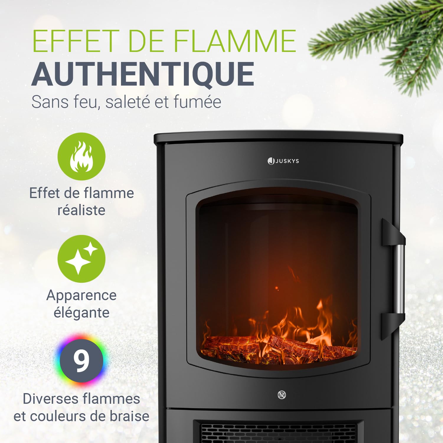 Juskys cheminée électrique 1800W – Noir, poêle électrique sur Pied avec Effet Flamme LED, WiFi/App, télécommande