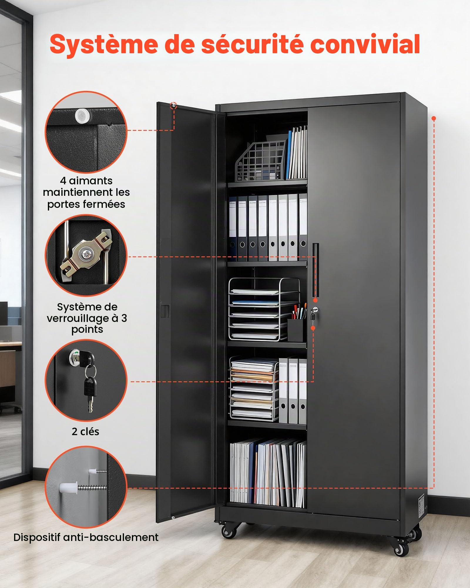 VEVOR Armoire Métallique 179,5 cm 5 Niveaux, Meuble de Rangement en Acier Verrouillable, pour Outils Atelier Bureau, sur roulettes, avec Étagères Réglables, 2 Portes Magnétiques, Tringles et Crochets