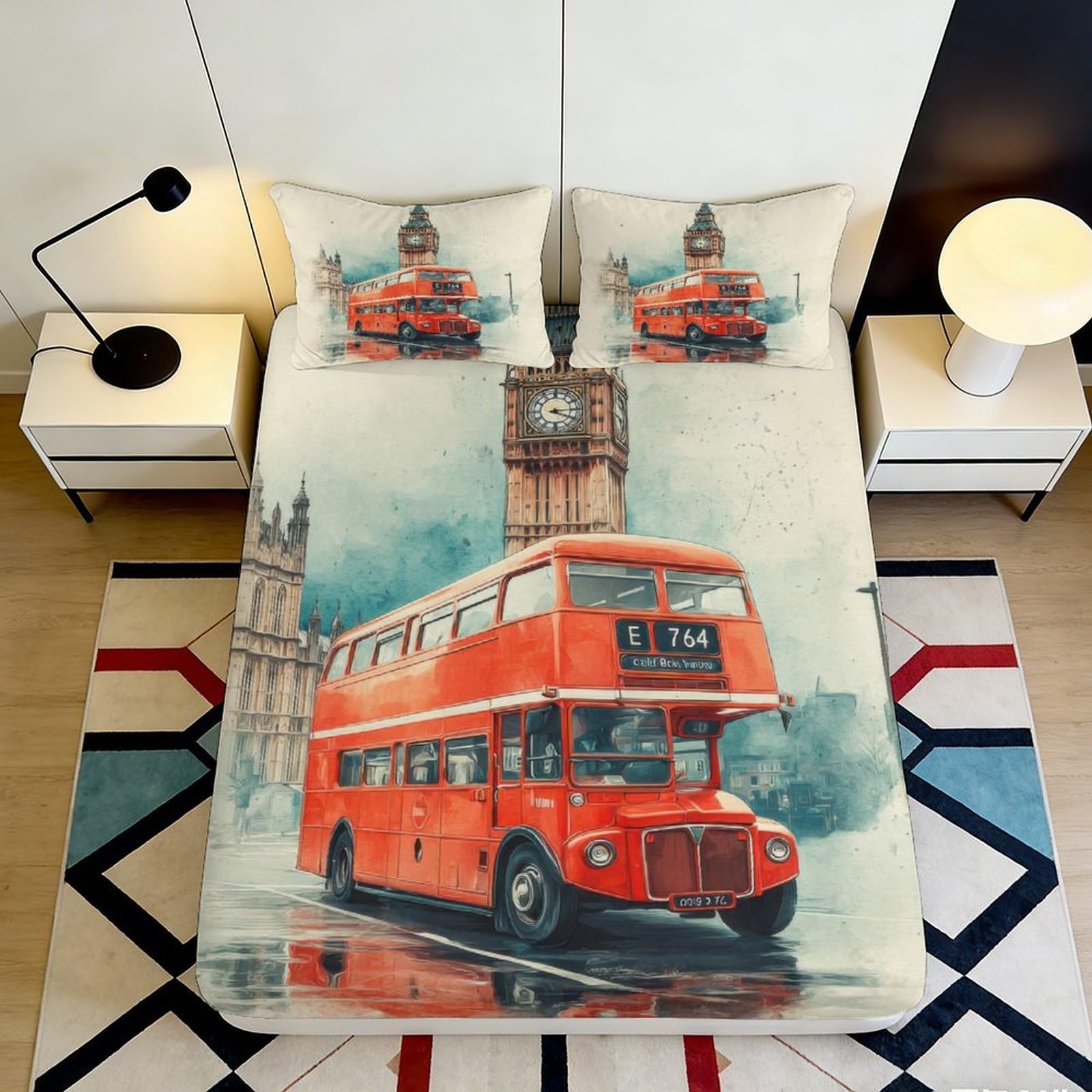 3D Printed London Bus Fitted Sheet Microfiber Deep Pocket Non-Slip Bus Mattress Fitted Cover Bedroom Bedding 200x200x25cm 90x200x25cm