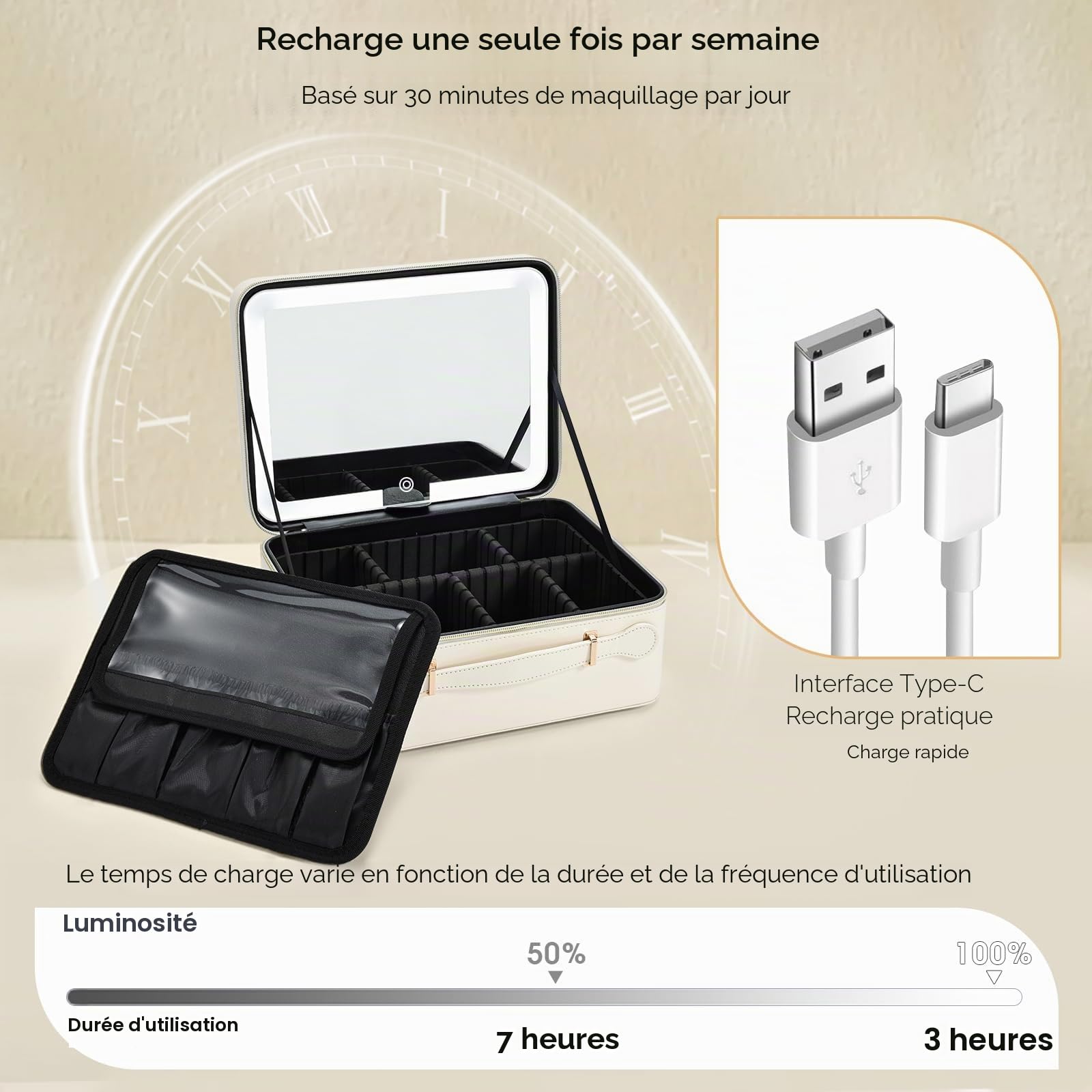 Mallette de maquillage extra large avec miroir LED - Miroir lumineux - Portable - Boîte de rangement pour maquilleur avec séparateurs - Support pour pinceaux de maquillage - Blanc, Cuir Blanc