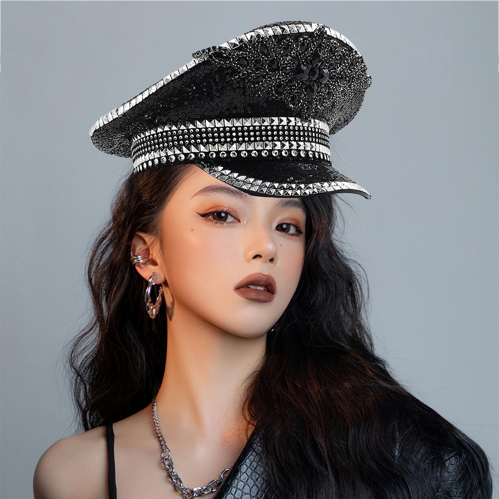 Cappello con Paillettes Strass per Cappello da Sergente da Sposa da Donna Cappello da Capitano per Feste di Compleanno alla Moda per Night Club