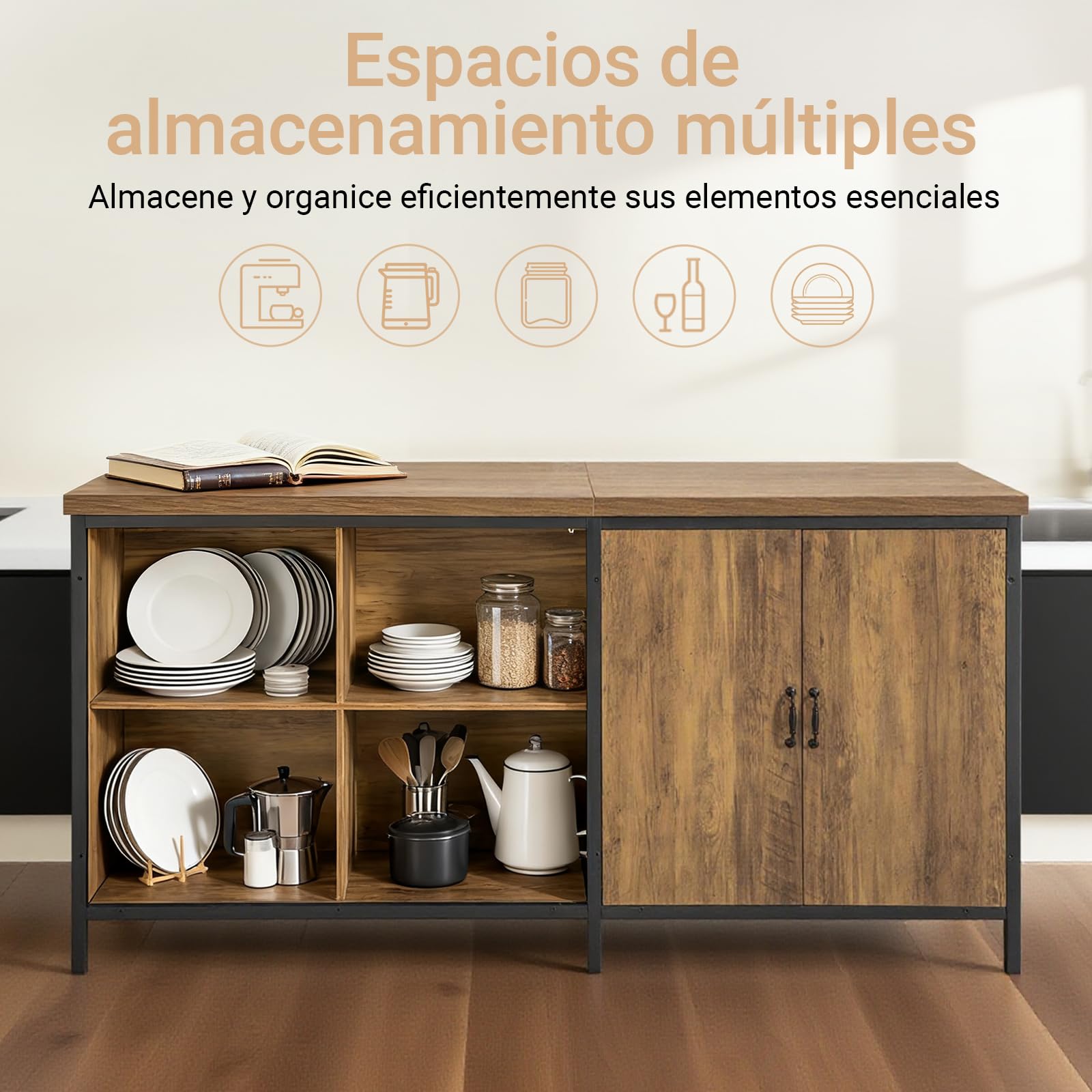 SoBuy Isla de Cocina, Armario de Almacenaje Multifuncional, Mueble de Cocina, Sideboard para Sala de Estar, Aparador, Armario Auxiliar Vintage 170 x 60 x 89 cm KNL01-F