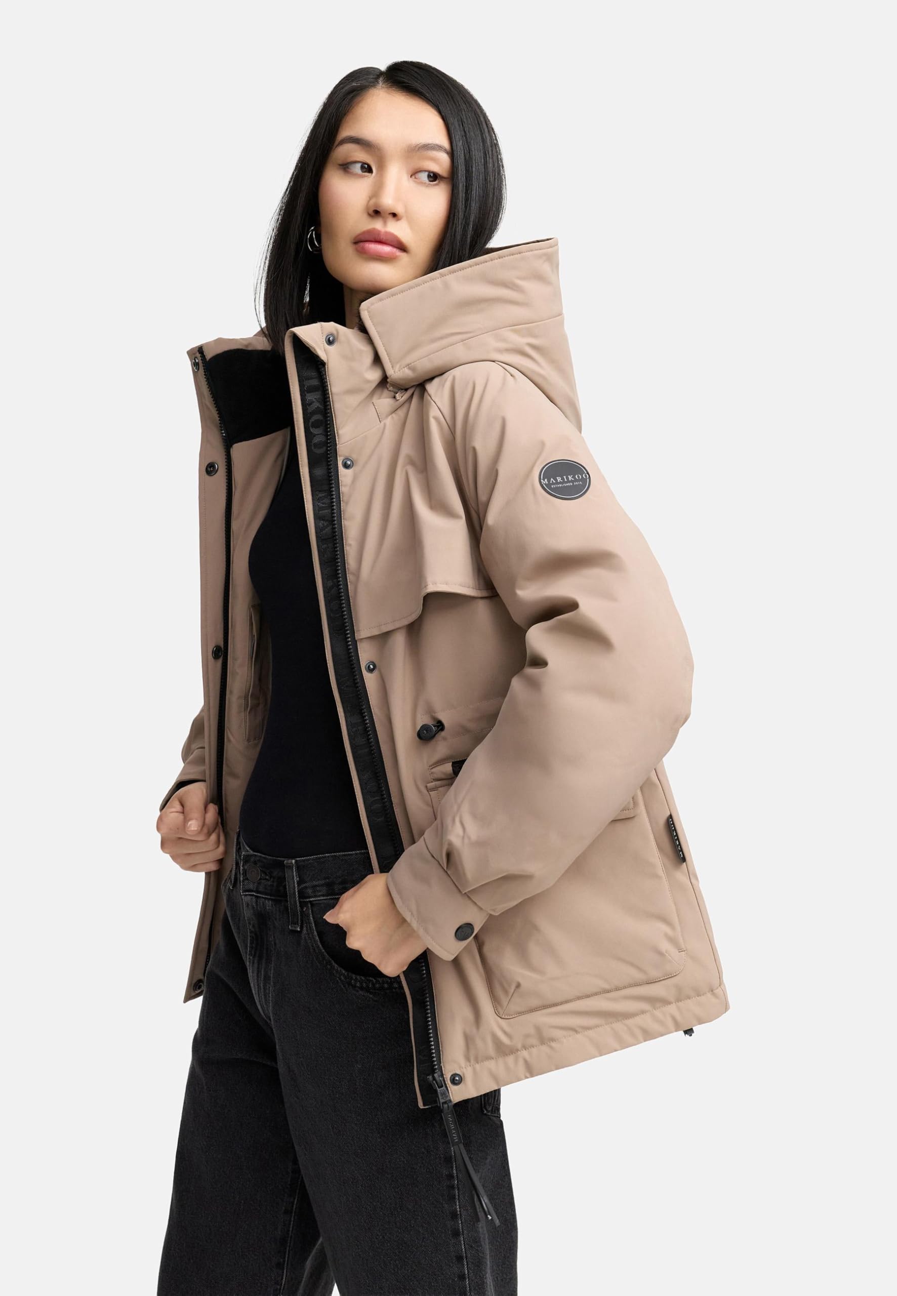 MARIKOO Damen warme Winterjacke Pufferjacke mit abnehmbarer Kapuze, magnetischen Knöpfen und Taillenzugband Shigaraa XVI S-3XL