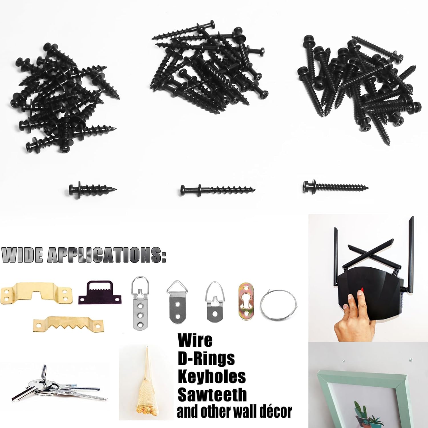 laffeya Bear Claw Picture Hangers, Multi-Purpose Double-Headed Screws, Perfect for Drywall/Plaster Wall Picture Frames, Mirrors & Clocks, Fits Sawtooth, D-Rings, Wire, Keyhole (Black Three Size, 40)