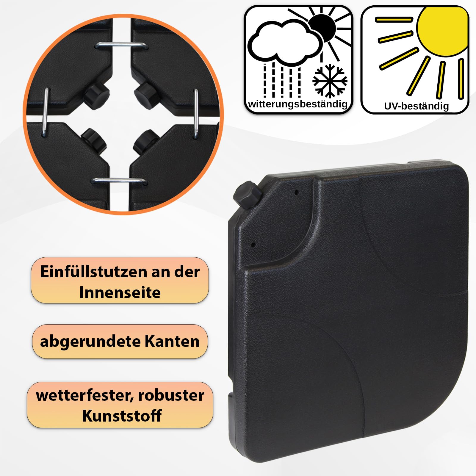 Montafox Sonnenschirmständer 4-teilig Schirmgewicht für Ampelschirm Bodenkreuz schwarz 60 Liter / 100 kg - befüllbar mit Wasser oder Sand 7 Jahre Garantie auf Material*