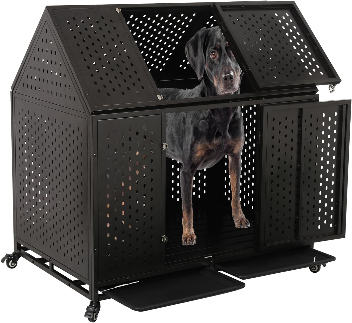 44'' Indestructible Heavy Duty Dog Crate, High Anxiety Impact Chewproof Metal Pointed Roof Cage for Medium Large Dogs, Double Door Indoor Steel Escape Proof Kennel with Wheels and Trays, XL