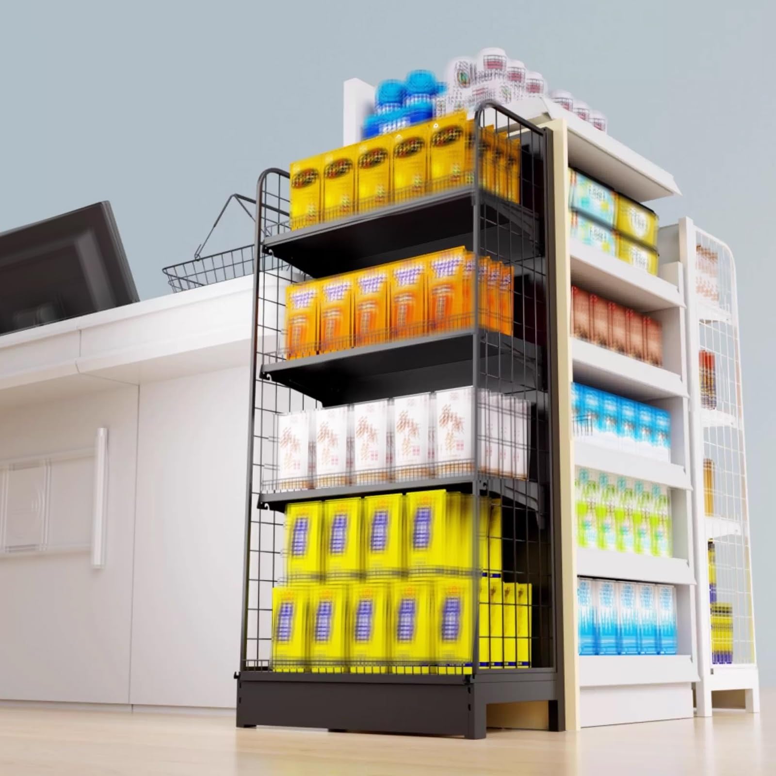 Regał Magazynowy Stal Walcowana na Zimno Regały do ​​supermarketów Regulowana Wysokość Półki Wysoka Nośność Oszczędność Miejsca Regały do ​​sklepów Detalicznych do Sklepów, Supermarketów(Black)