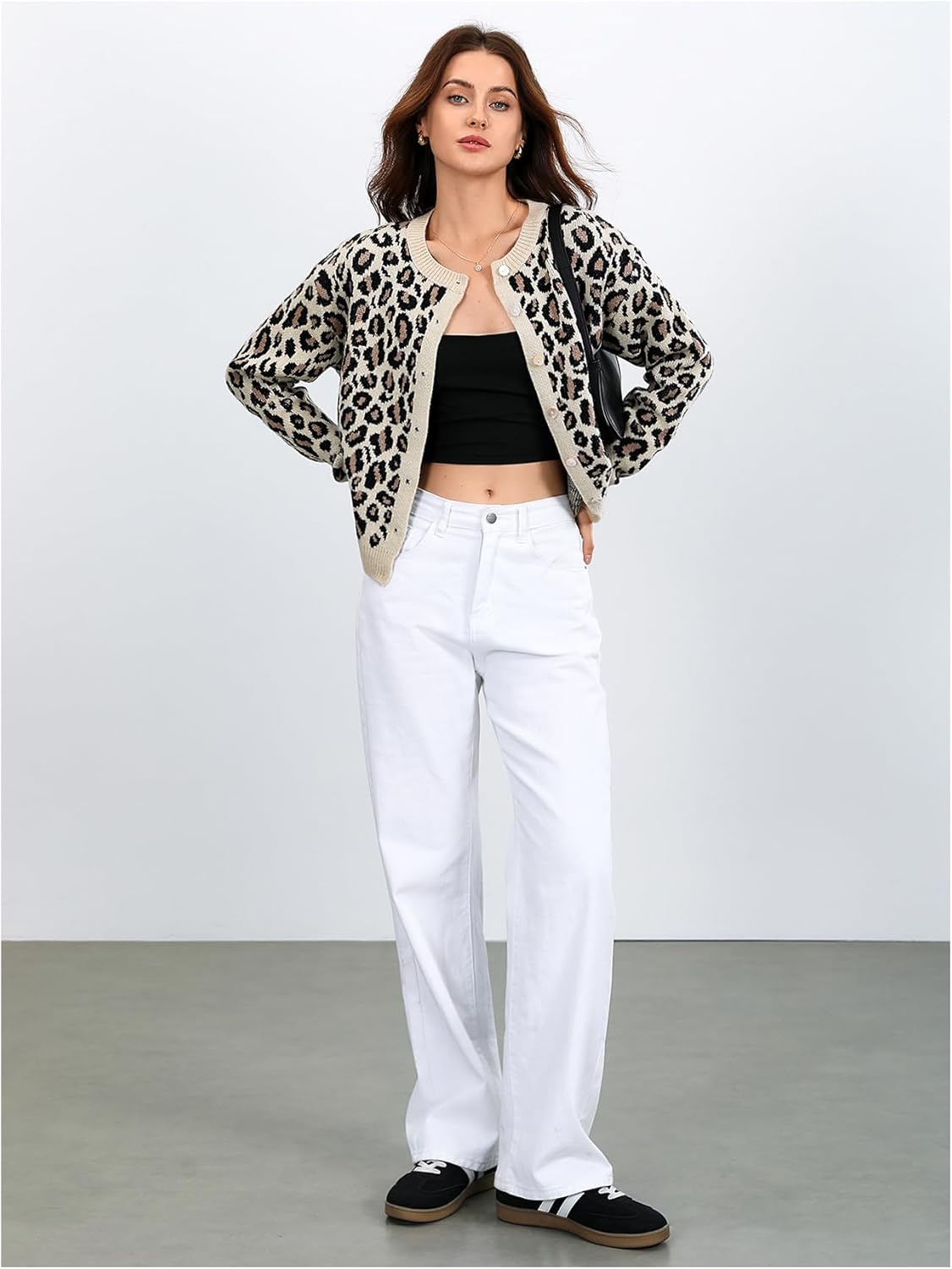 Women's Cheetah Cardigan Sweater Y2K Leopard Print Cardigans Drop Shoulder Button Down Sweaters Crewneck Knit Top - Image 5