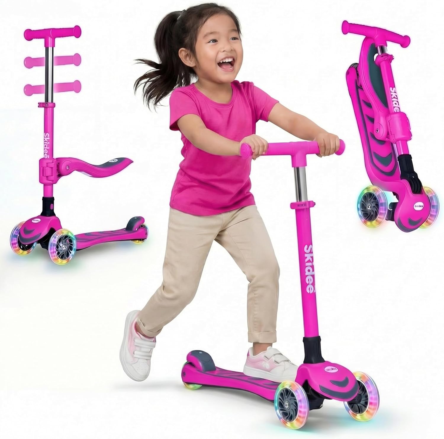 SKIDEE Kick Scooter for Kids Ages 3-5 | Foldable 3 Wheel Scooter with Lean-to-Steer, Adjustable Height, Removable Seat & LED Light Wheels | Toddler Scooter Up to 12 Year Old Boys/Girls