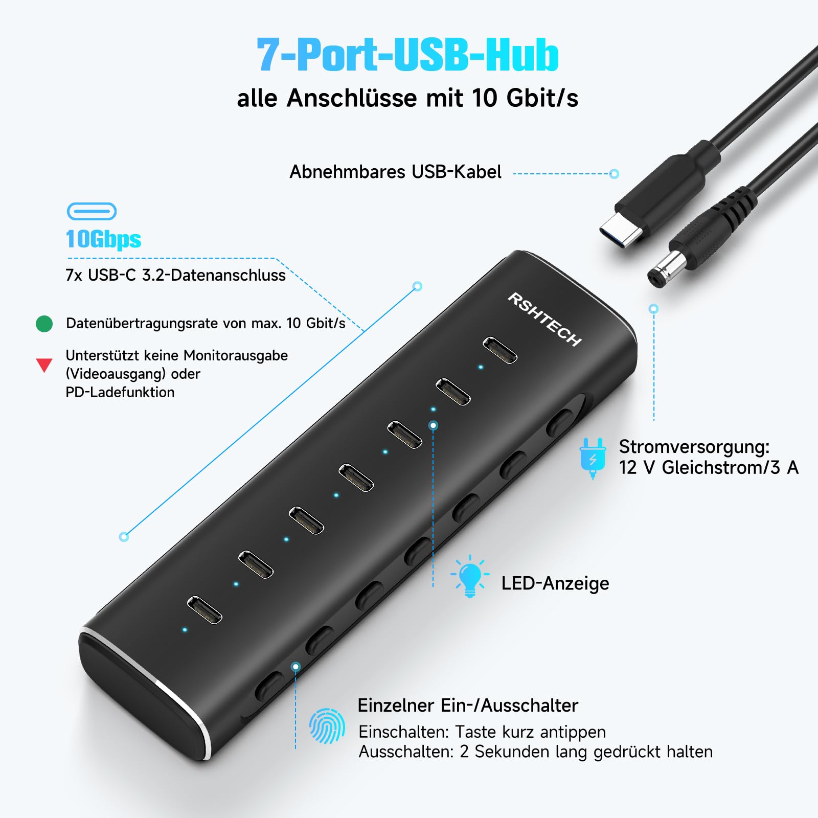 RSHTECH Hub USB C Alimentato, Hub USB 3.2 a 7 Porte in Alluminio con Alimentatore 36W 12V/3A e Cavo 1m per Notebook/PC Desktop Dotati di Porte USB-C e Thunderbolt, RSH-H7C