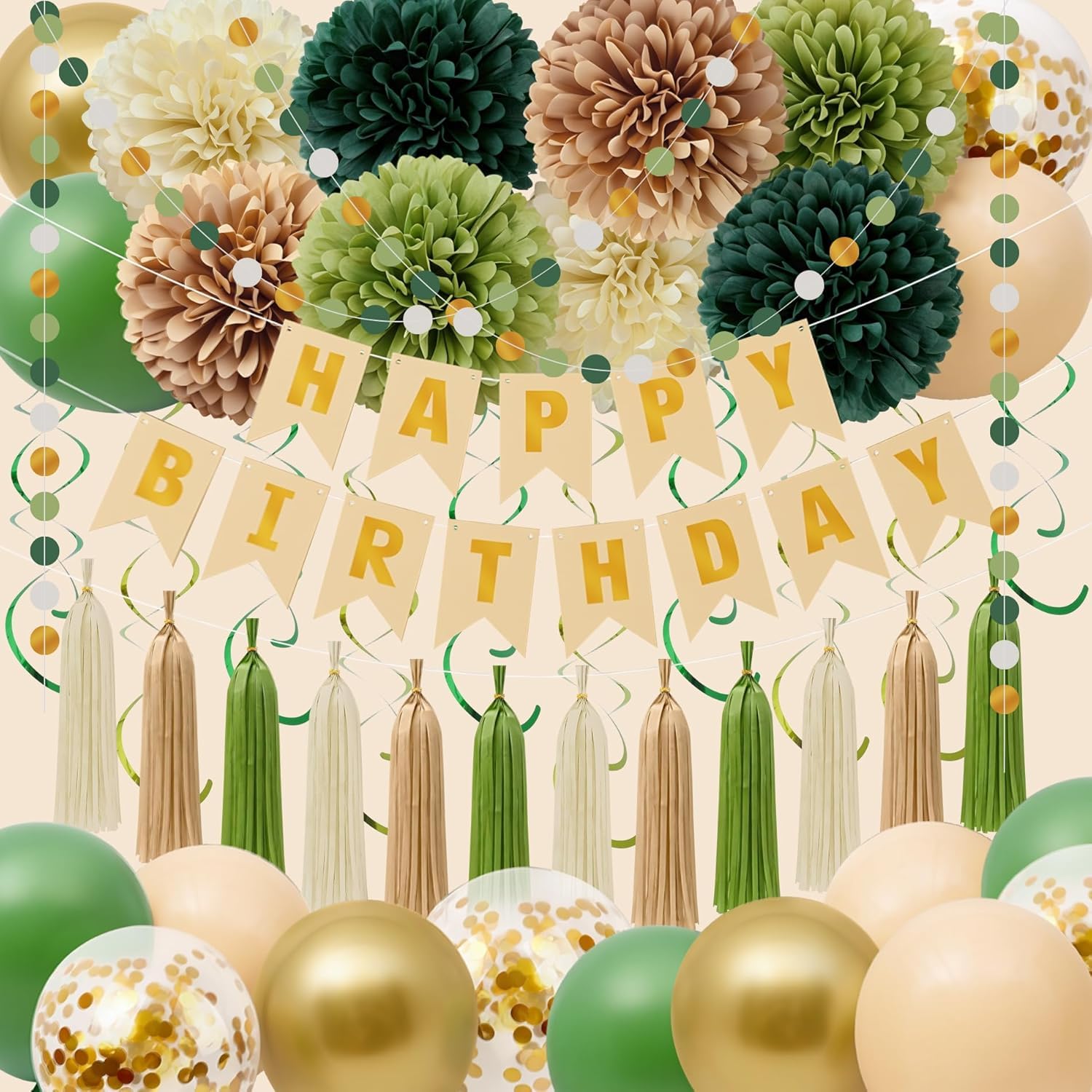 Décorations de fête d'anniversaire vert sauge, bannière « Happy Birthday », ballons confettis bohèmes imperméables de qualité, rideaux à suspendre, tourbillons faciles à assembler, ballons verts