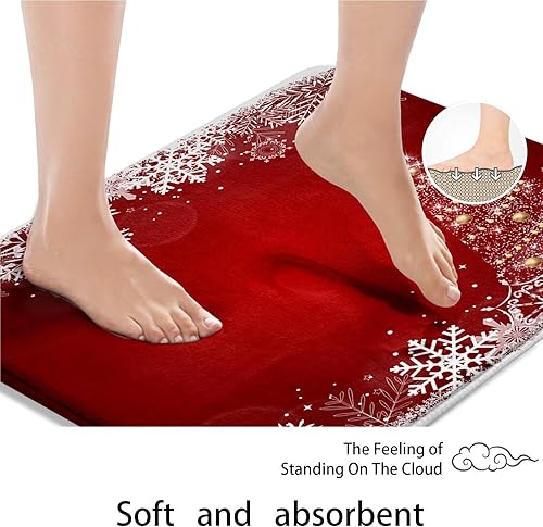 Miniatura 5 de ArtSocket Juego de 2 tapetes de baño de Navidad, tapete de baño de bola de Navidad rojo copo de nieve, antideslizante, absorbente de invierno, de
