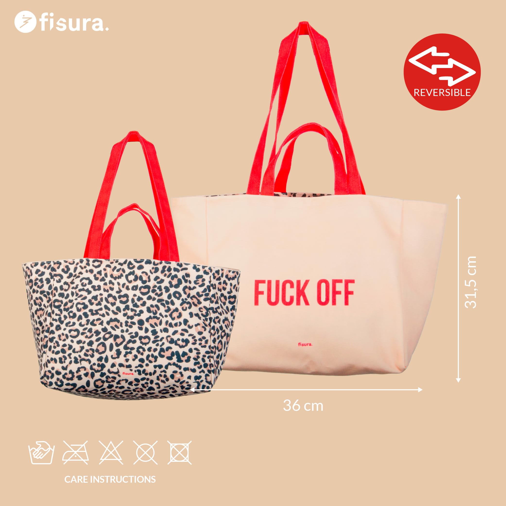 Fisura – Oryginalna torba plażowa „Fuck off”. Duża dwustronna torba plażowa beżowa w panterkę. Bawełniana damska tote bag XXL. Torba materiałowa na podróż, zakupy lub plażę.