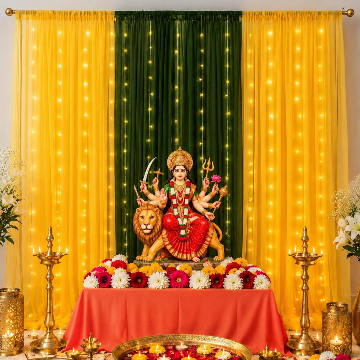 SpecialYou Diwali Decoration for Home & Navratri Decoration Items with Yellow & Green (7x3.5 ft) Backdrop Cloth with Fairy Light, Diwali Décor Lights Home Decor - 6 Pcs