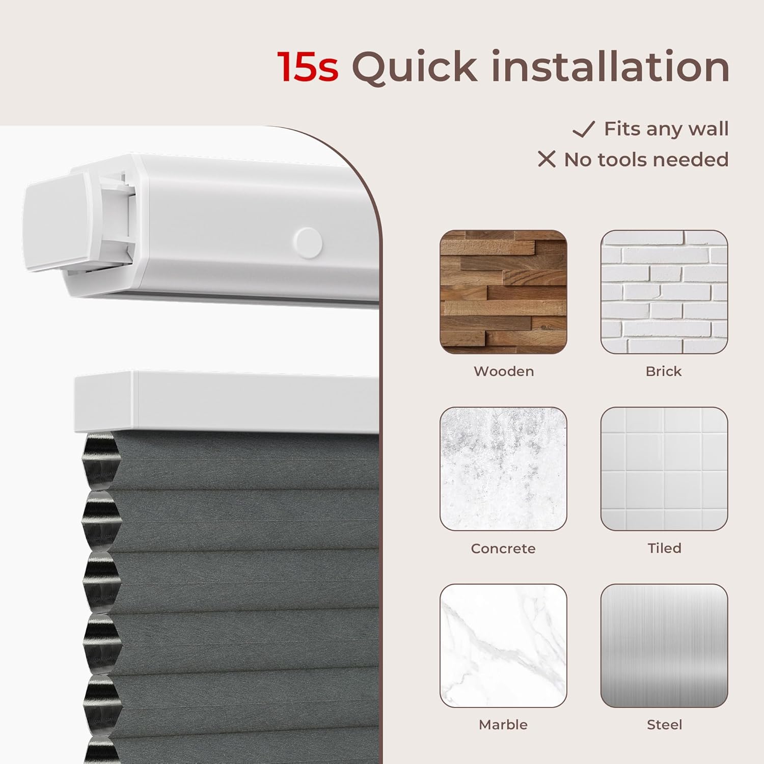 Allesin Zen No Drill No Tools Top Down Bottom Up Cellular Shades,Blackout Cordless Window Blinds for Indoor Windows,Easy to Install Honeycomb Blinds,White-Dark Gray(Blackout) 32" Wx64 H White-dark Gray(blackout) 32"Wx64"H