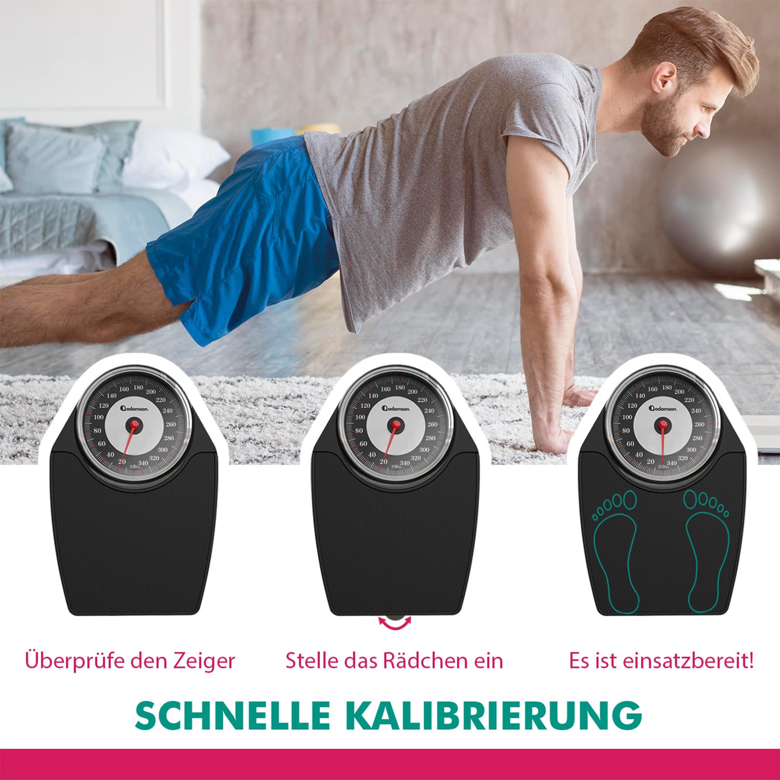 Adamson A24 Analogwaage - NEU - bis 350lbs, rutschfeste Gummioberfläche, extra große Ziffern, hochpräzise Personenwaage Analog, langlebig, 20-Jahre Support für Haushalt, Schlafzimmer, Bad - Schwarz