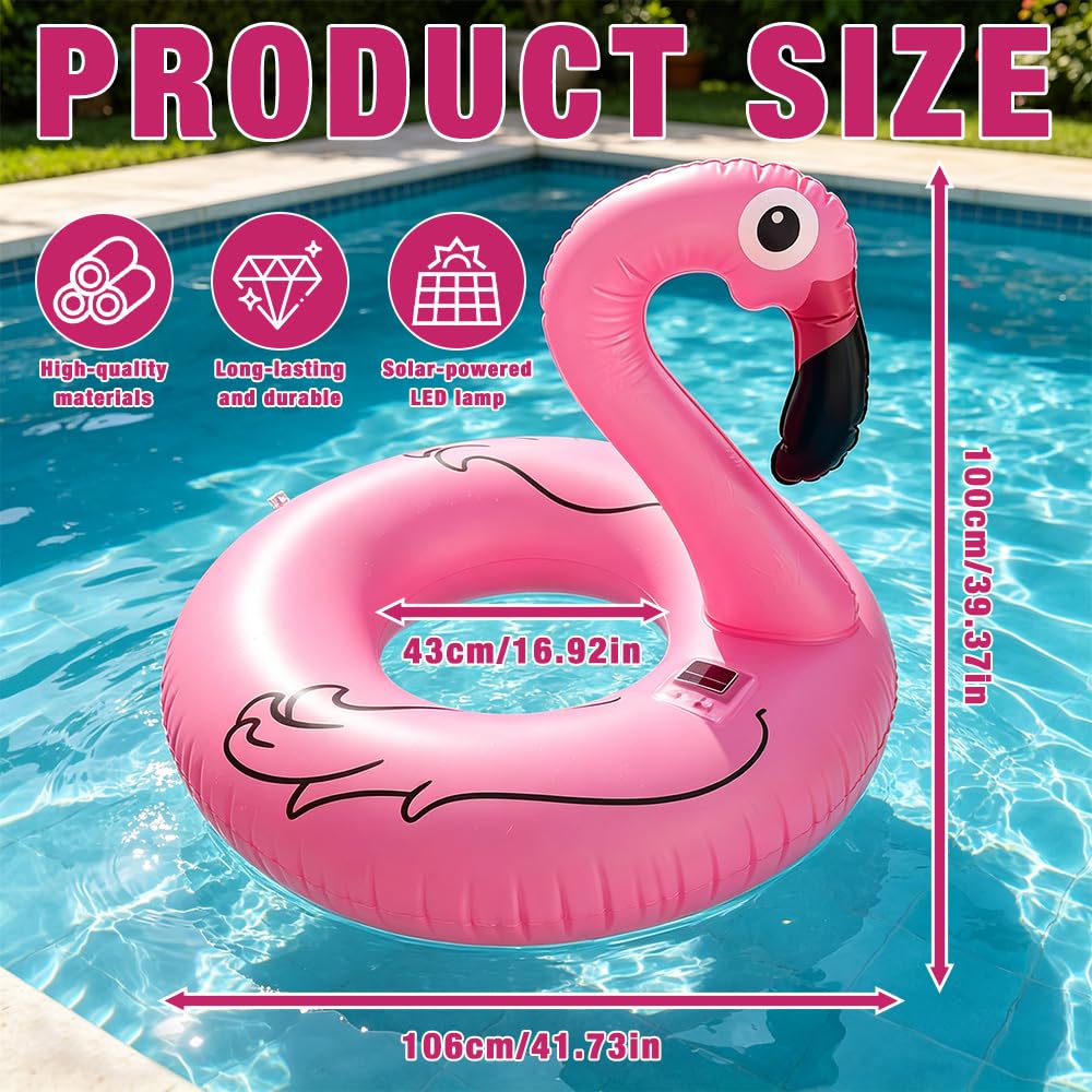 Mineup Bouée Flamant Gonflable avec Lumières Solaires, Bouée Gonflable Flamant Rose, Anneau De Natation Gonflabl en Forme De Flaman Rose pour Adulte pour Piscine, Plage Et Fêtes D’Été (100x90 Cm)
