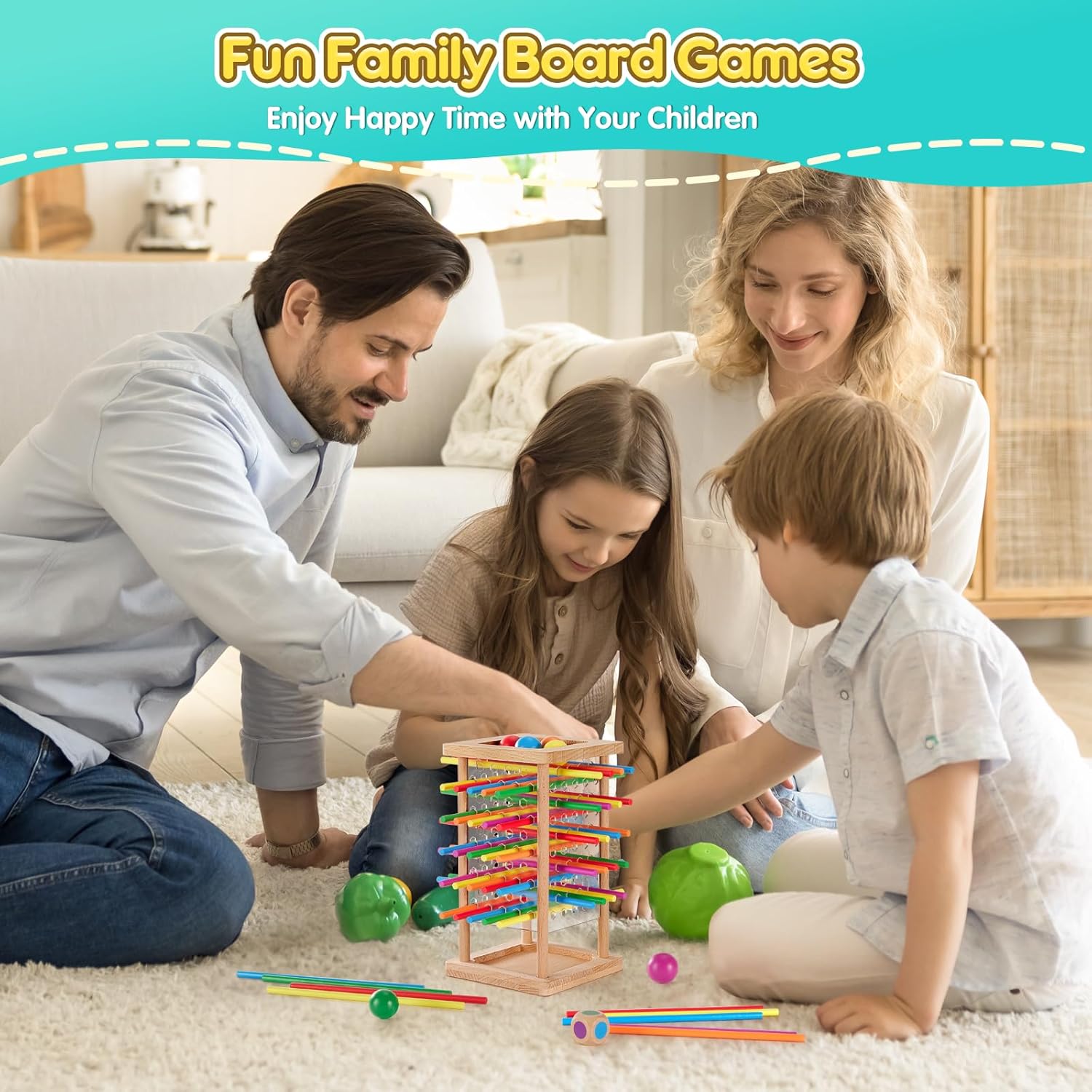 A family of four playing the Centtechi Montessori Wooden Board Game together on a carpeted floor