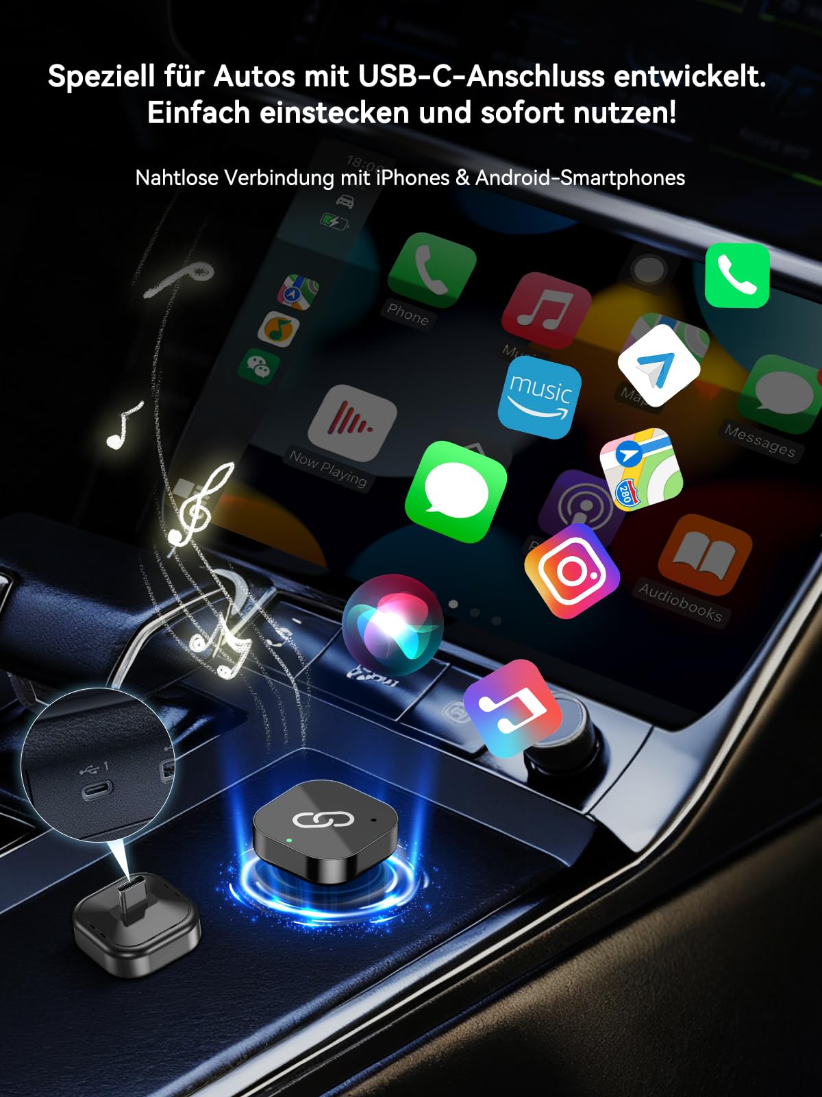 Spedal Kabelloser CarPlay & Android Auto Adapter Typ-C, 2026 Upgrade 5.8GHz Superschnell, Plug & Play für iPhone & Android 10+, mit Kabel-CarPlay Autos ，Schwarz