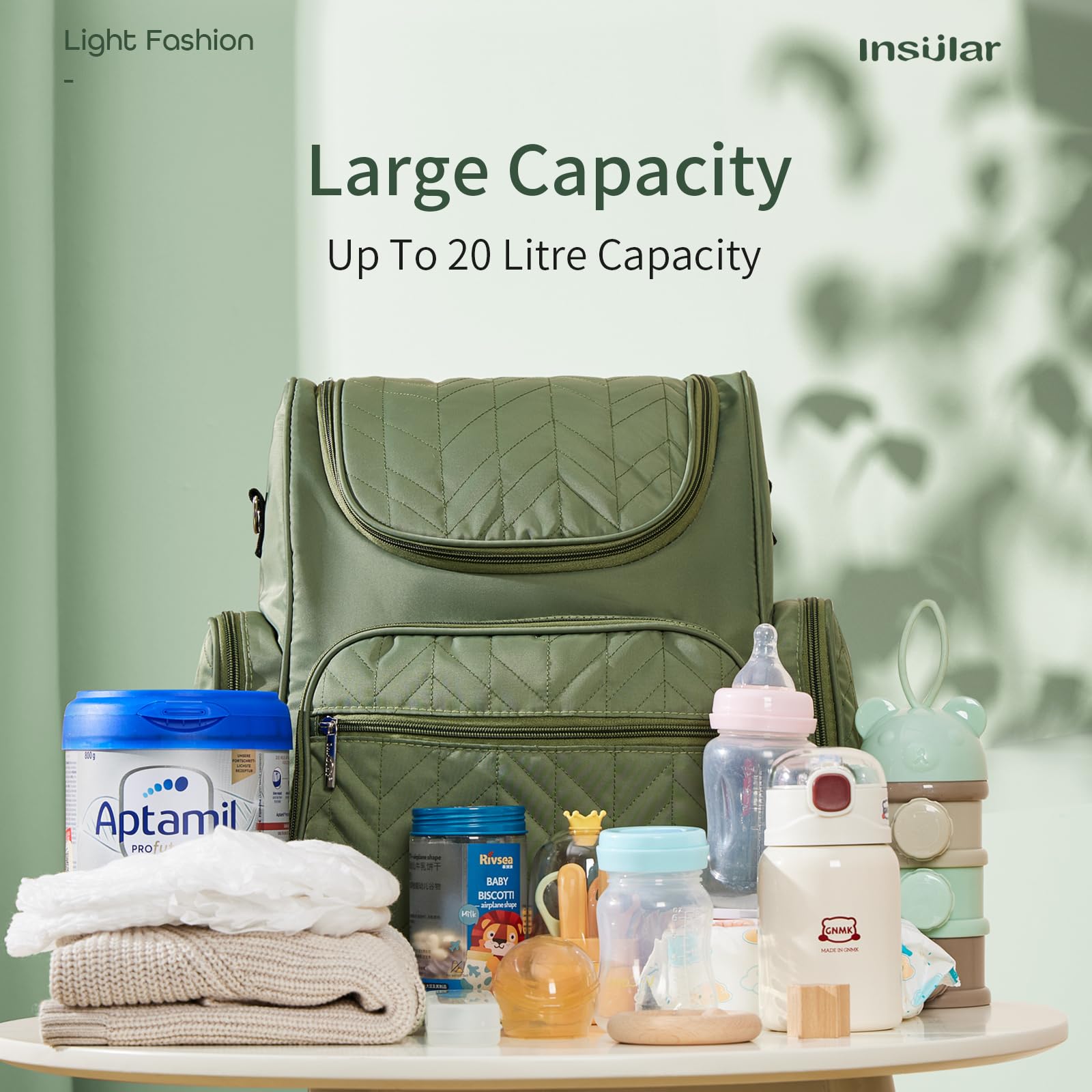 insular Diaper Bag Backpack, Multi-Function Travel Back Pack, Waterproof Changing Bag for Mom Girls, Large Capacity Baby Bag with Stroller Straps and Changing Pad, Green