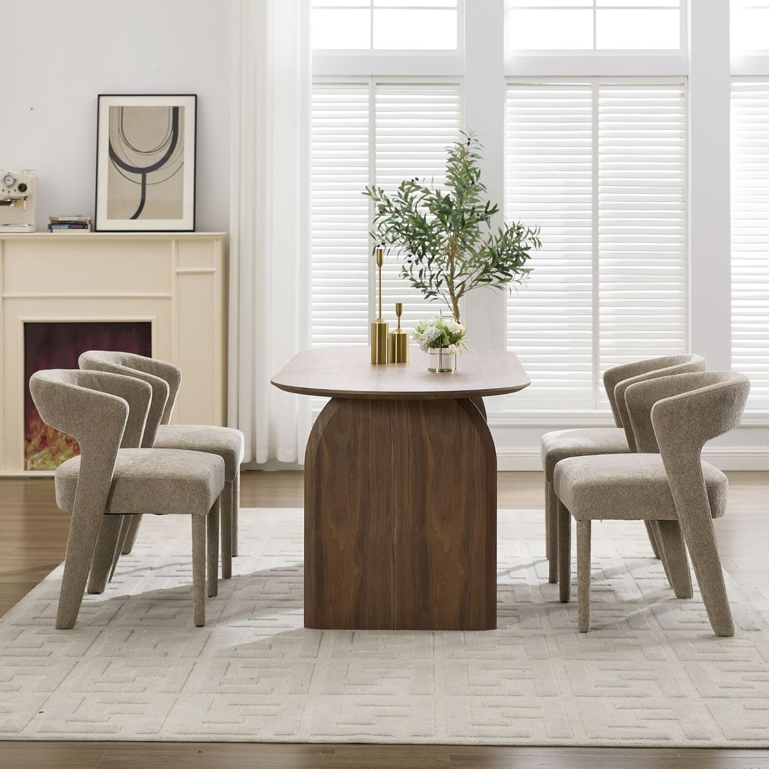 Modern Upholstered Dining Chairs Set of 6, Comfy Curved Backrest Kitchen Chairs, Chenille Accent Side Chairs Dinner Chairs with Fabric Covered Wood Legs for Dining Room Living Room, Oatmeal 6PCS