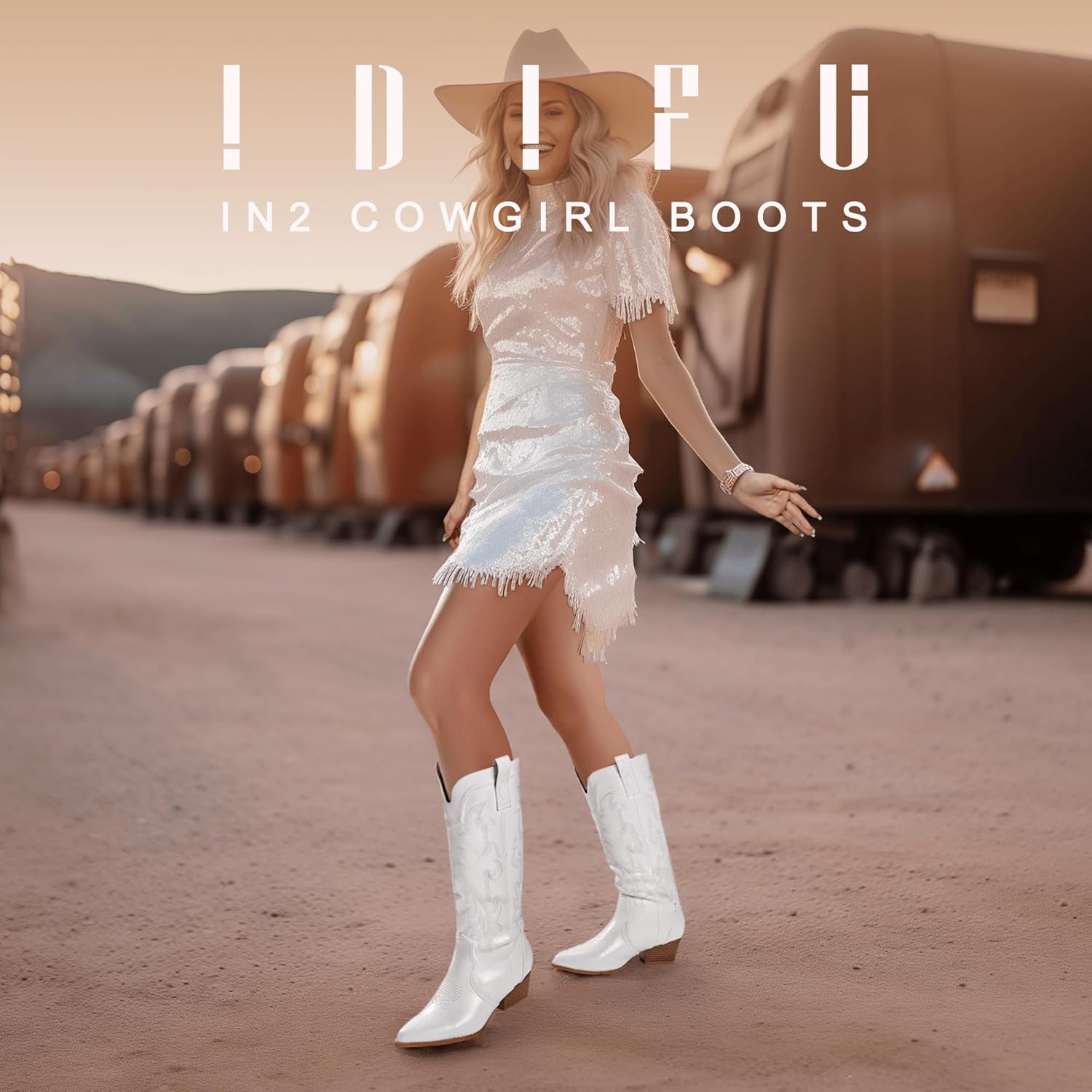 IDIFU IN2 Cowboy Boots For Women Cowgirl Knee High Western Tall Boots Chunky Low Pointed Toe Heel Boots Fashion Booties for Women Embroidered Wedding Country Concert Boots - Image 2