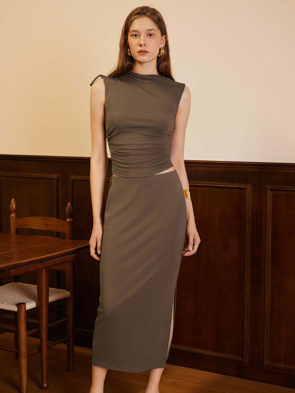 CIDER Women's Sleeveless Tie Shoulder Tank Top & Midi Skirt Elegant Set