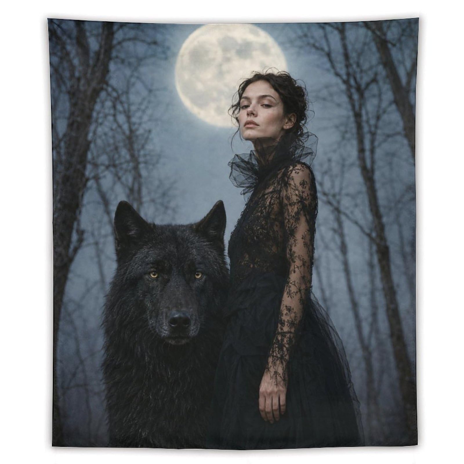 H3B8U2Y5 Woman with Black Wolf Wall Tapestry, Surrealist Style, Dorm Room