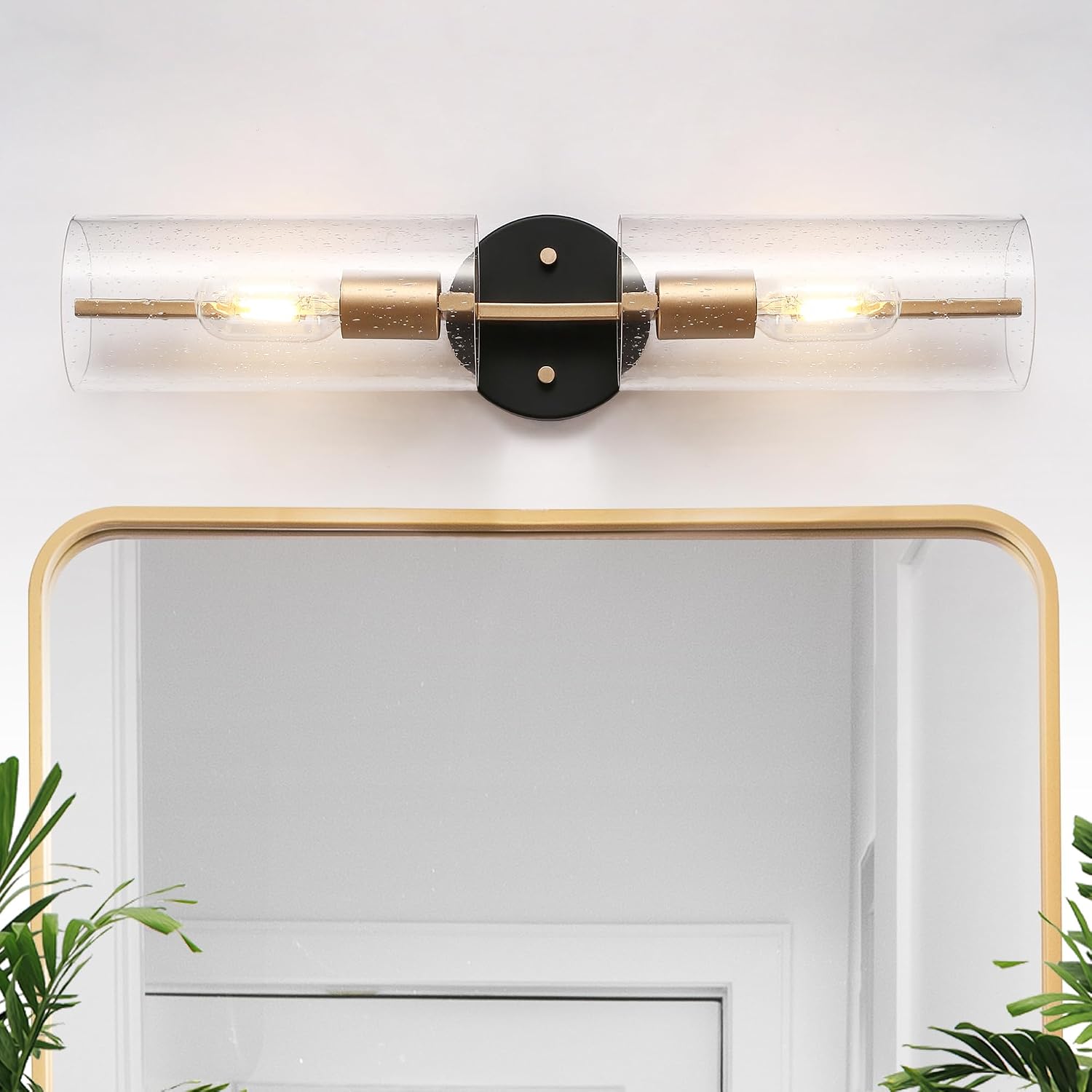 KSANA Black Gold Sconce, Modern 2-Light Bathroom Vanity Light, Seeded Glass Wall Light Fixtures for Living Room, Bedroom and Kitchen