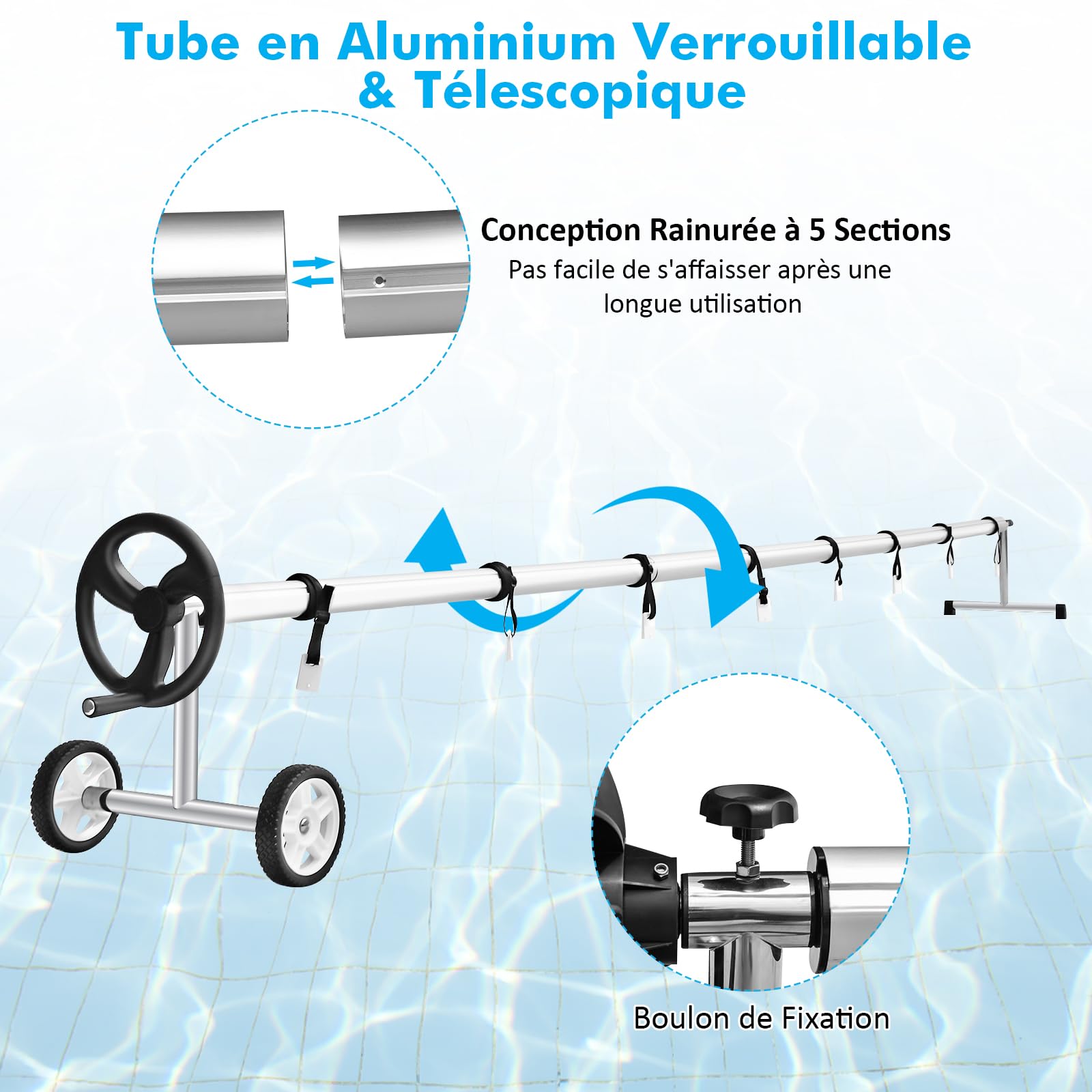 GOPLUS Enrollador Piscina para Liner de Piscina 1,65-7,7 m, Enrollador Lona Piscina de Aluminio y Soporte de Acero Inoxidable