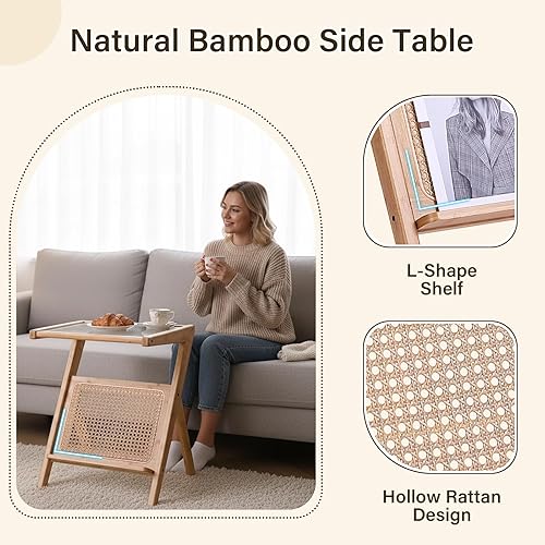 Miniatura 16 de Tiita Paquete de 2 mesas auxiliares de ratán, mesitas de noche de mediados de siglo, mesas de noche de bambú con acento de bambú, mesas de café de