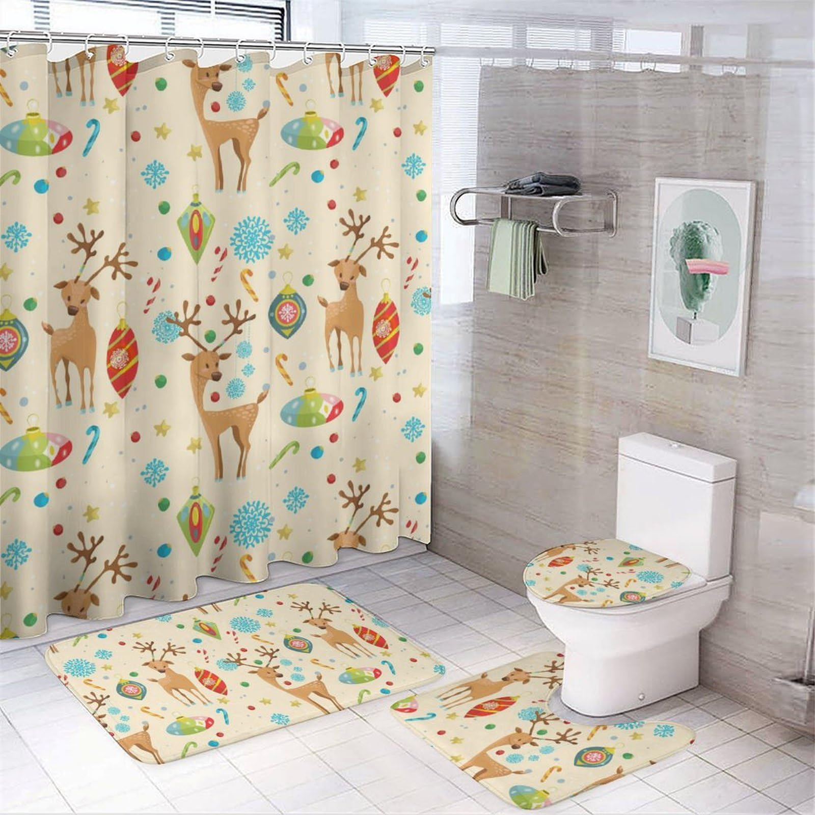 Rideau de douche de Noël anti-glissade avec tapis de bain et accessoires pour WC