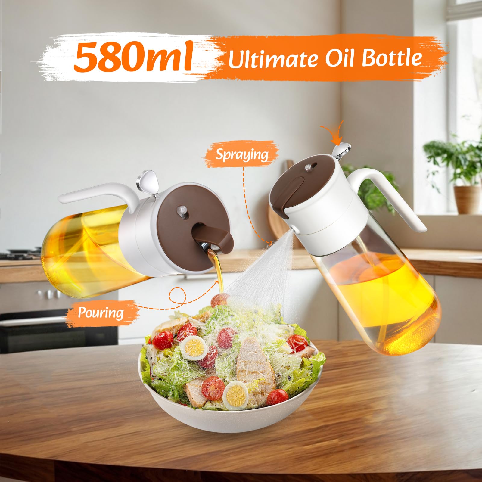 Szklana Butelka do Oleju 580 ml, 2 w 1 Dozownik i Spryskiwacz do Kuchni, Delikatna Mgiełka, Filtr Ograniczający Zatykanie, do Oliwy, Frytkownicy Beztłuszczowej i Gotowania